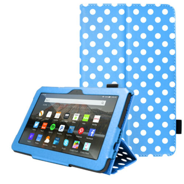 for Amazon Fire 7" 2022 12th Generation Leather Flip Smart Case Stand Blue Polka Cover