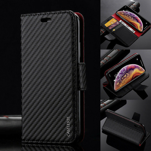 Carbon Fiber Flip Leather Wallet Case Cover For iPhone 14