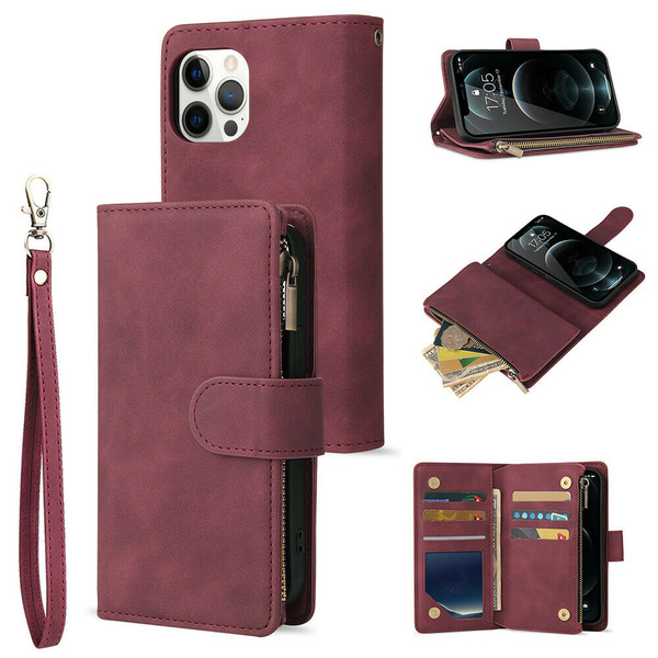 Wine red Zip Wallet Case Leather Flip Cover For  For iPhone 14 pro plus