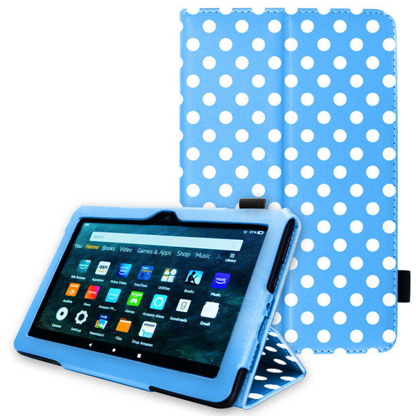Blue polka Amazon Kindle Fire HD 8/8 Plus Tablet 2022 Premium Slim Leather Flip Smart Stand Case
