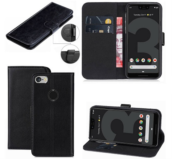 Google Pixel 3a Black Leather Wallet Stand View Flip Case Cover Google Pixel 3a Black Leather Wallet Stand View Flip Case Cover