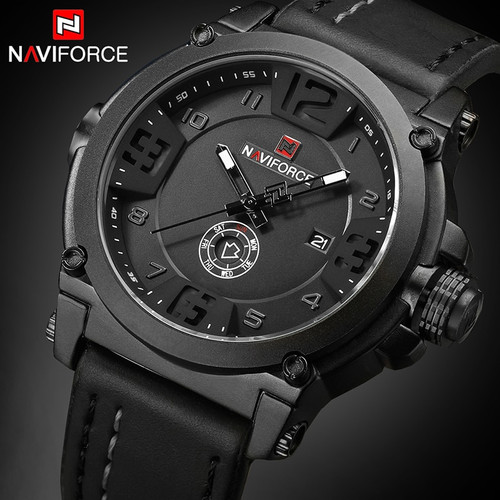 NAVIFORCE, Top Luxury Brand, Men Sports Military Quartz Watch  Leather Strap