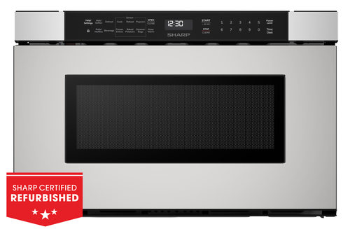 24 in. Built-In Stainless Steel Microwave Drawer Oven (SMD2440JS) head on with refurbished badge
