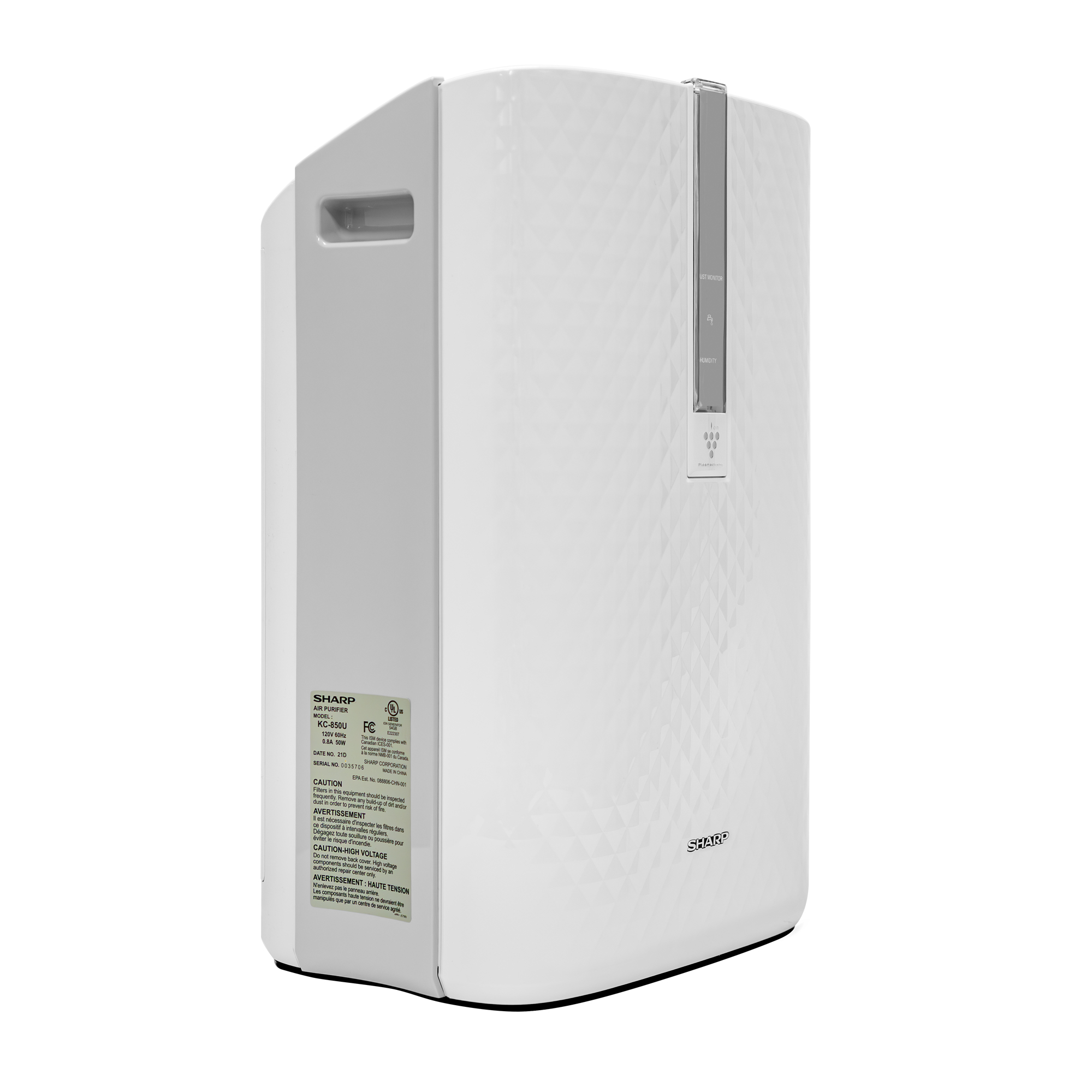 Sharp Plasmacluster® Air Purifier with Humidifying Function for Medium Rooms (KC850U) 3 quarter right