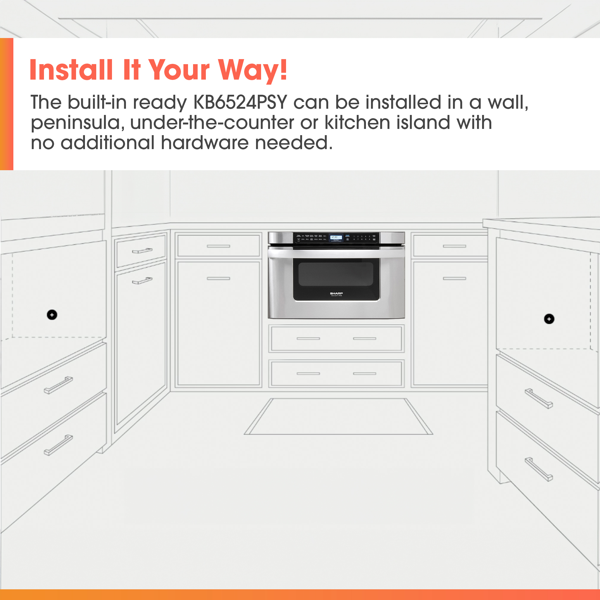 24 in. 1.2 cu. ft. 950W Sharp Easy Open Stainless Steel Microwave Drawer (KB6524PSY) Installation Infographic