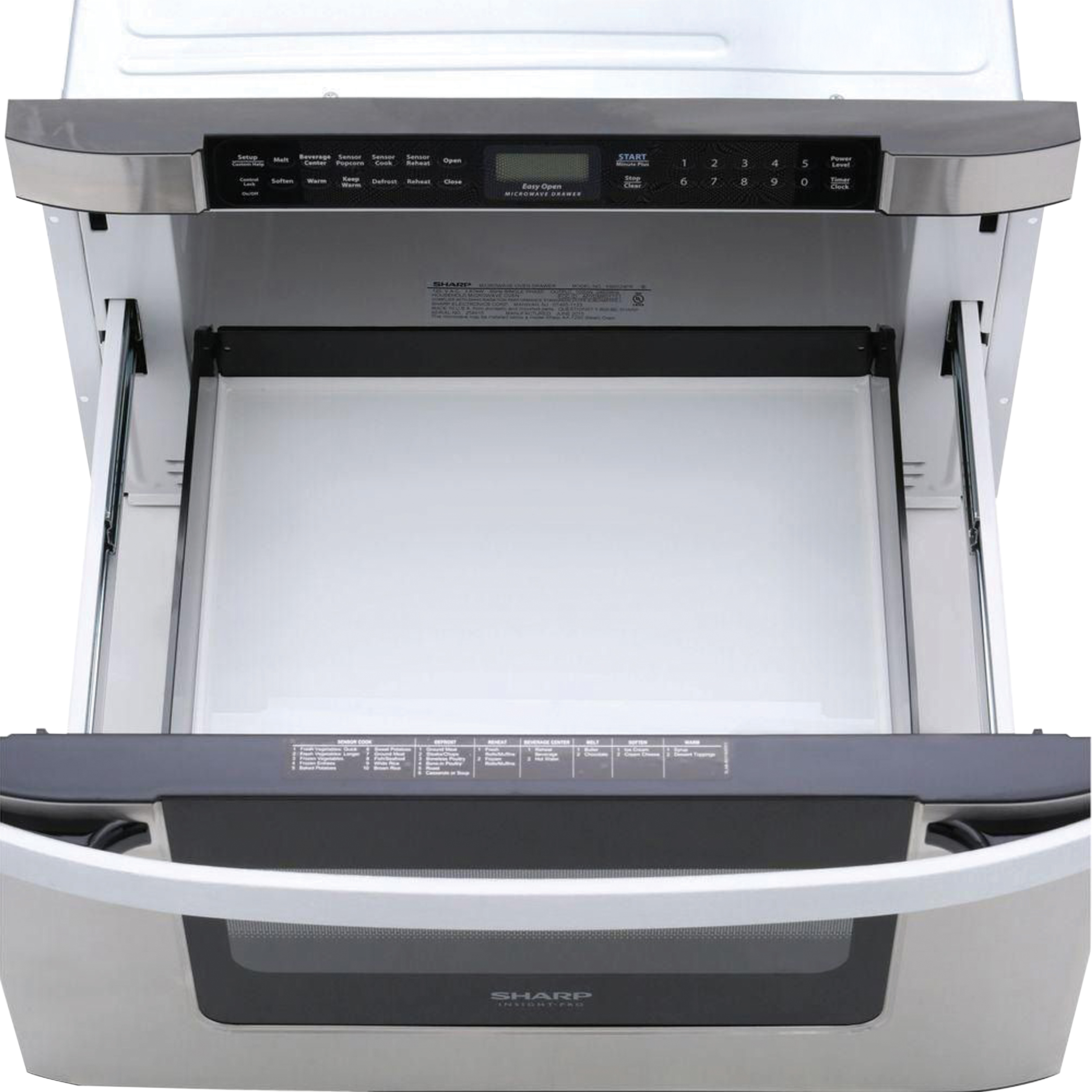 24 in. 1.2 cu. ft. 950W Sharp Easy Open Stainless Steel Microwave Drawer (KB6524PSY) Head On Open Top-Down