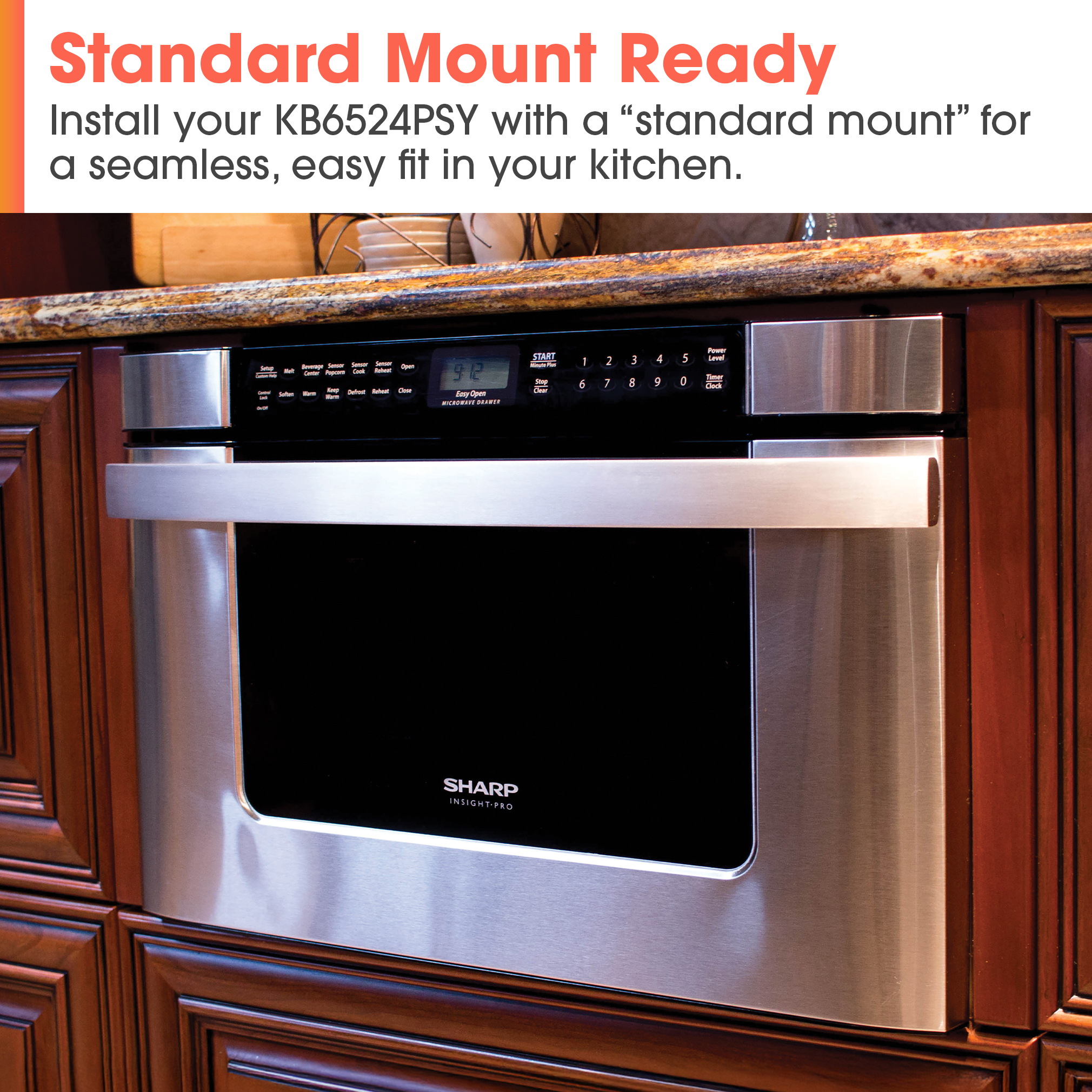 24 in. 1.2 cu. ft. 950W Sharp Easy Open Stainless Steel Microwave Drawer (KB6524PSY) Standard Mount Infographic