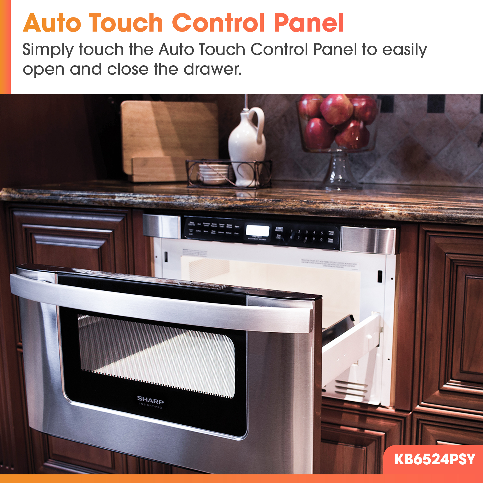 24 in. 1.2 cu. ft. 950W Sharp Easy Open Stainless Steel Microwave Drawer (KB6524PSY) Auto Touch Control Panel Infographic