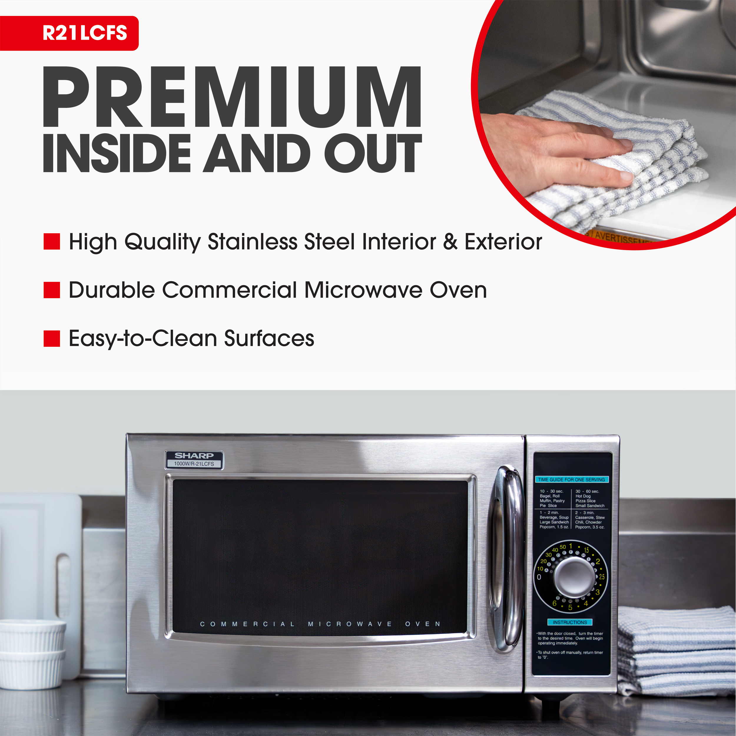 Medium-Duty Commercial Microwave Oven with 1000 Watts (R21LCFS) Premium Interior and Exterior Infographic