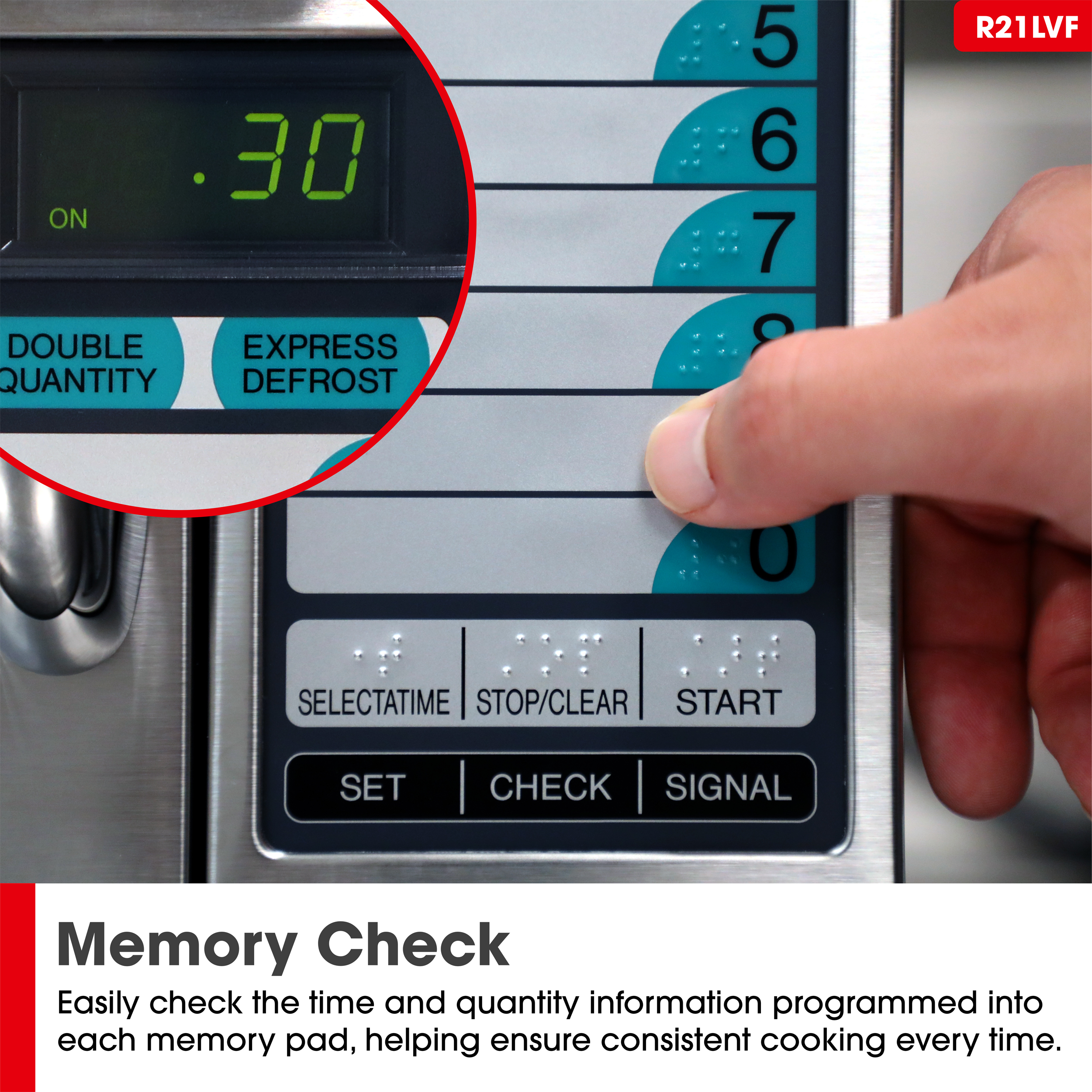 Medium-Duty Commercial Microwave Oven with 1000 Watts (R21LCFS) Memory Check Infographic
