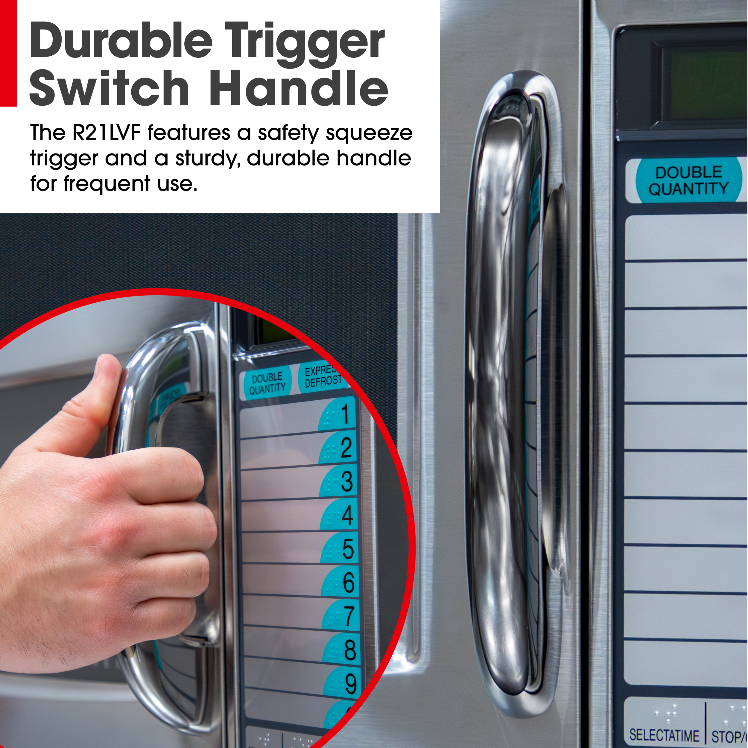 Medium-Duty Commercial Microwave Oven with 1000 Watts (R21LCFS) Trigger Switch Handle Infographic
