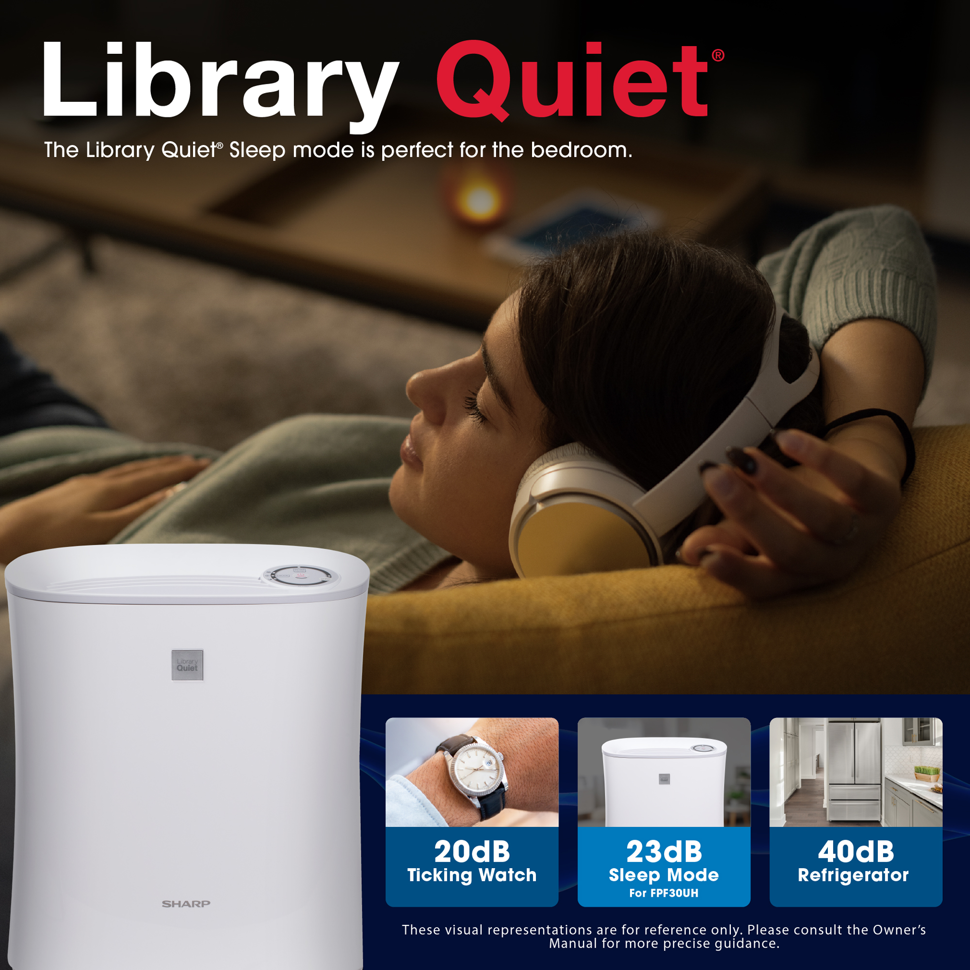 Sharp Small Room True HEPA Air Purifier (FPF30UH)  library quiet infographic