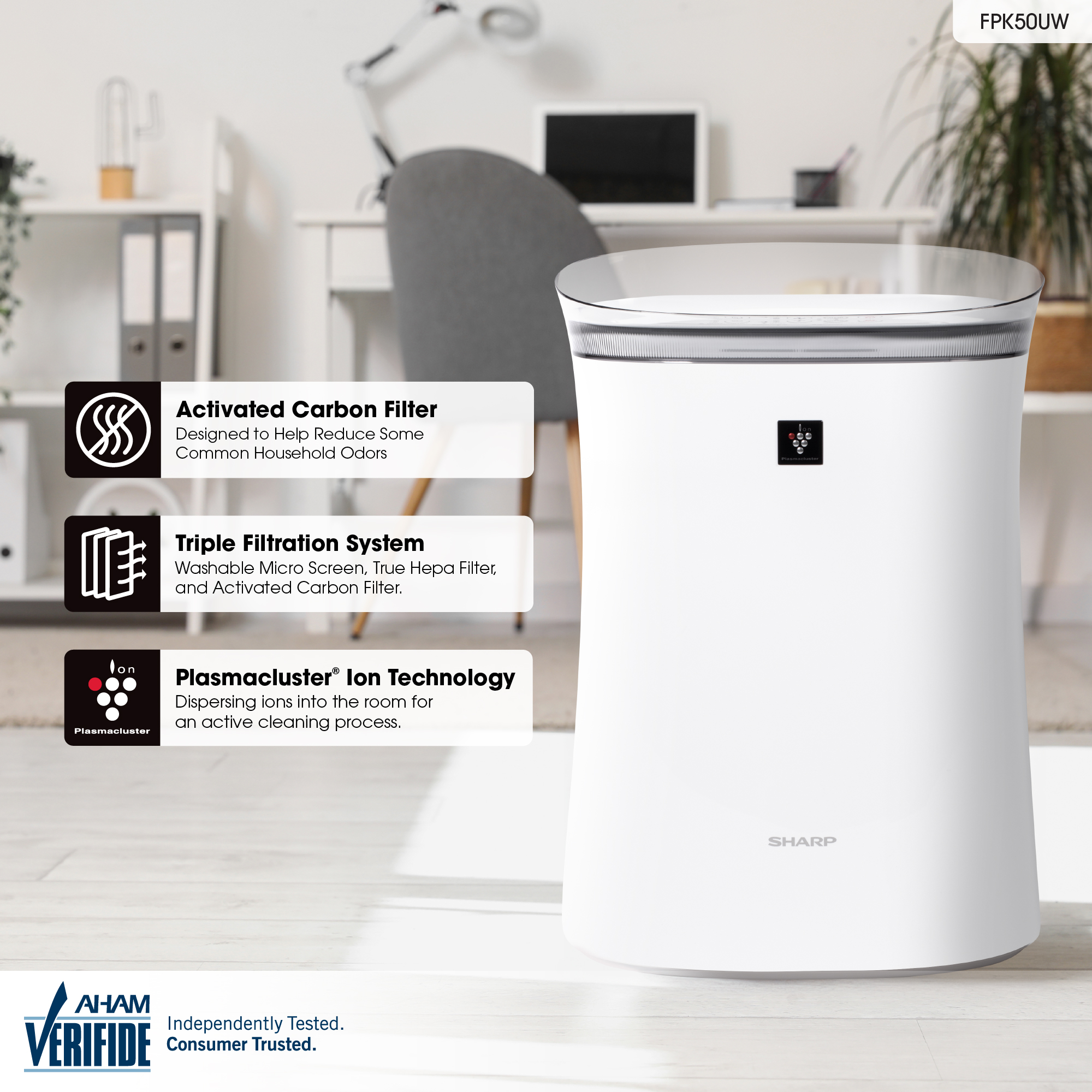 Sharp True HEPA Air Purifier with Plasmacluster® Ion Technology for Medium-Sized Rooms (FPK50UW) features infographic