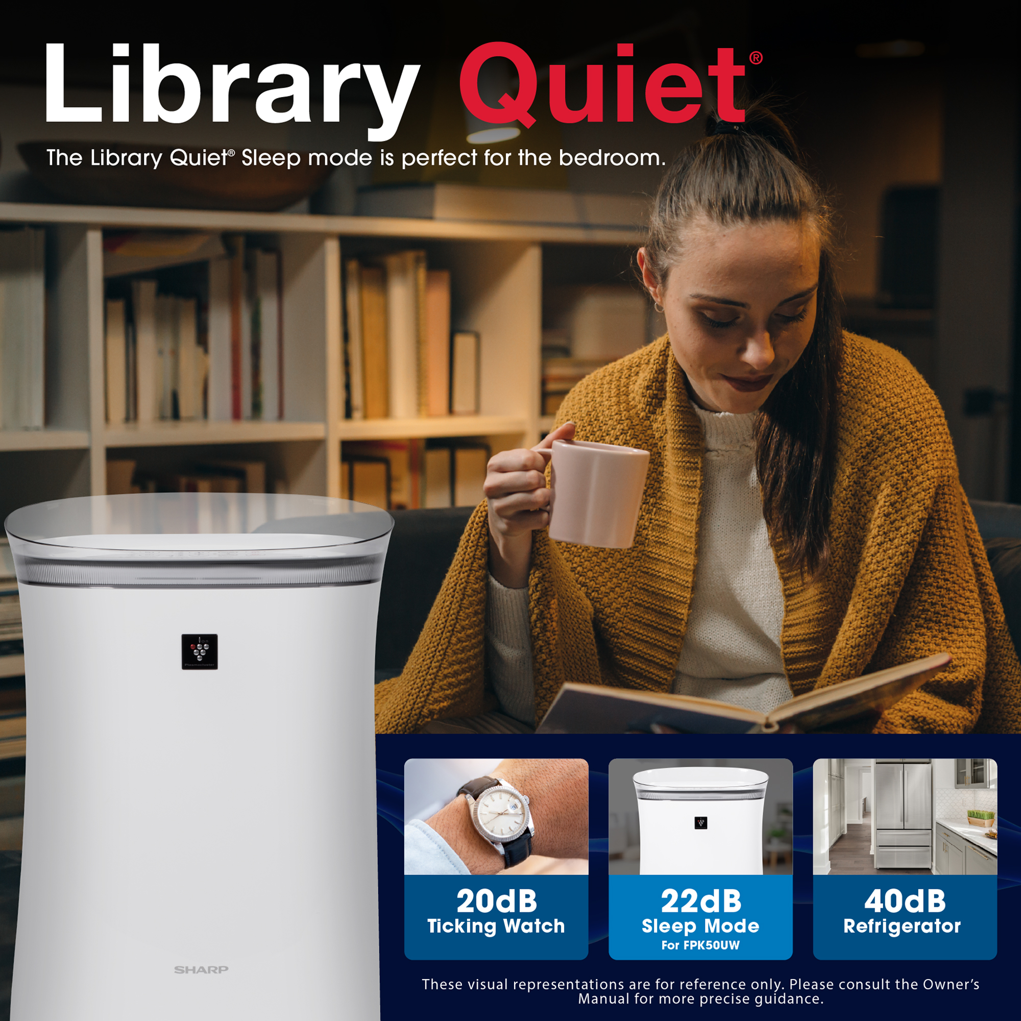 Sharp True HEPA Air Purifier with Plasmacluster® Ion Technology for Medium-Sized Rooms (FPK50UW) library quiet infographic
