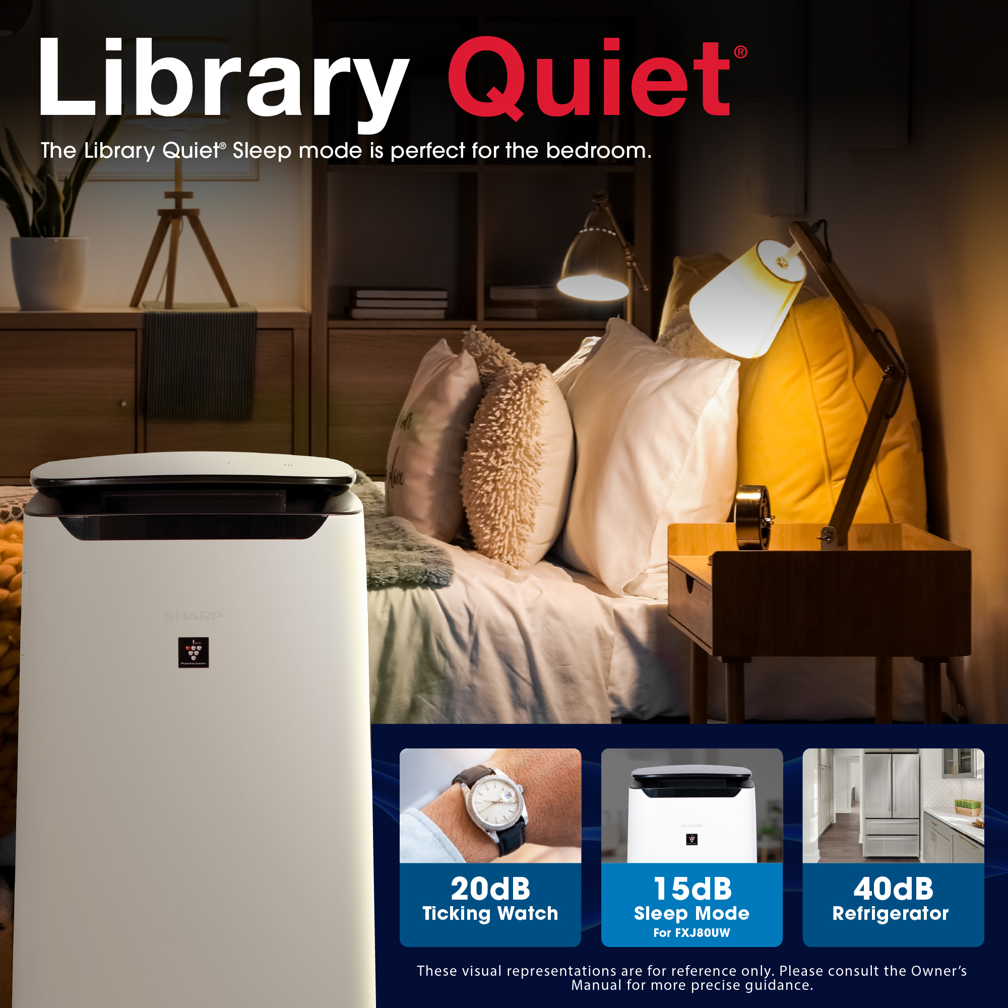 Sharp Smart True HEPA Large Room Air Purifier with Plasmacluster® Ion Technology (FXJ80UW) library quiet infographic