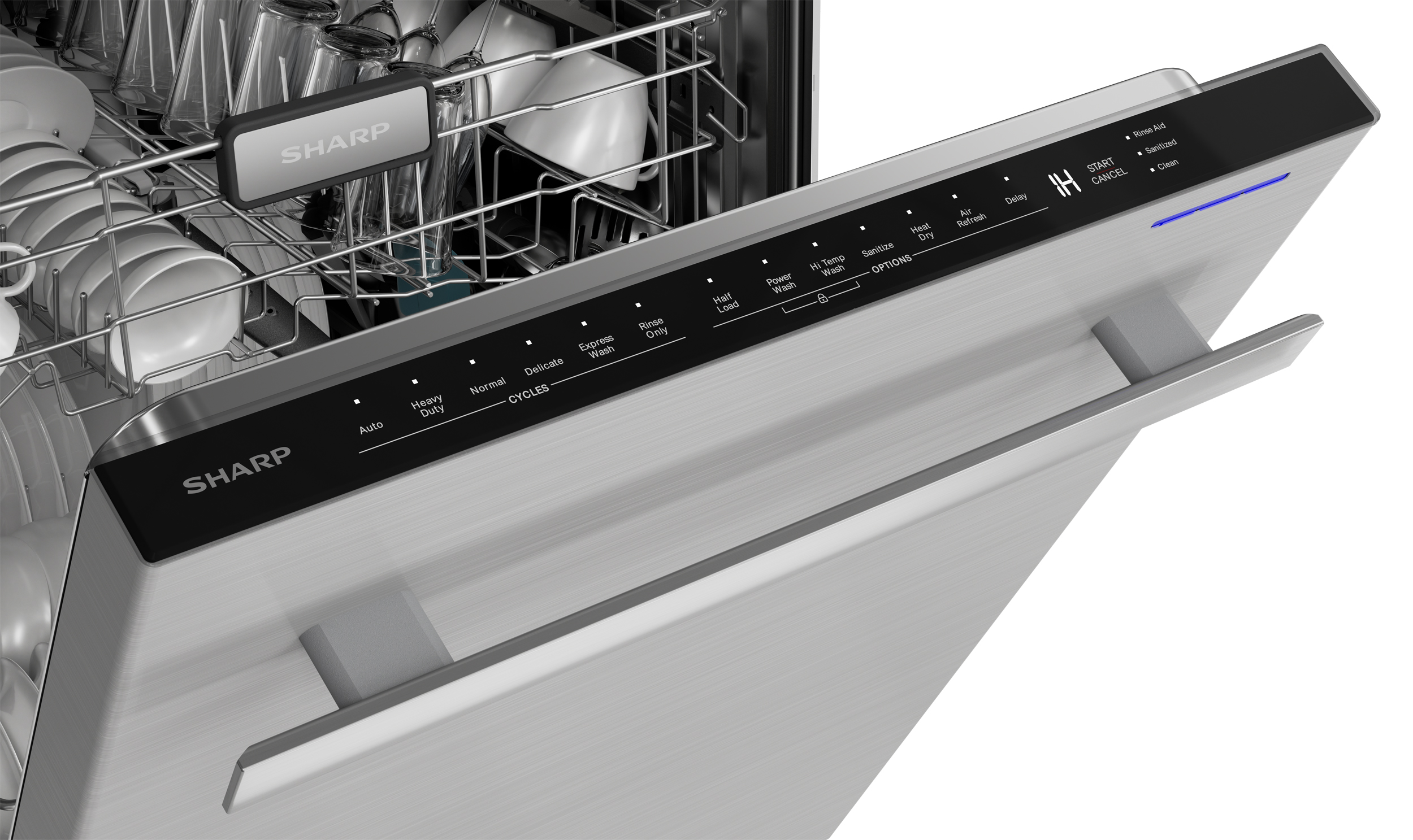Sharp 24 in. Stainless Steel Dishwasher (SDW6757ES) – control panel viewed from the front with door open