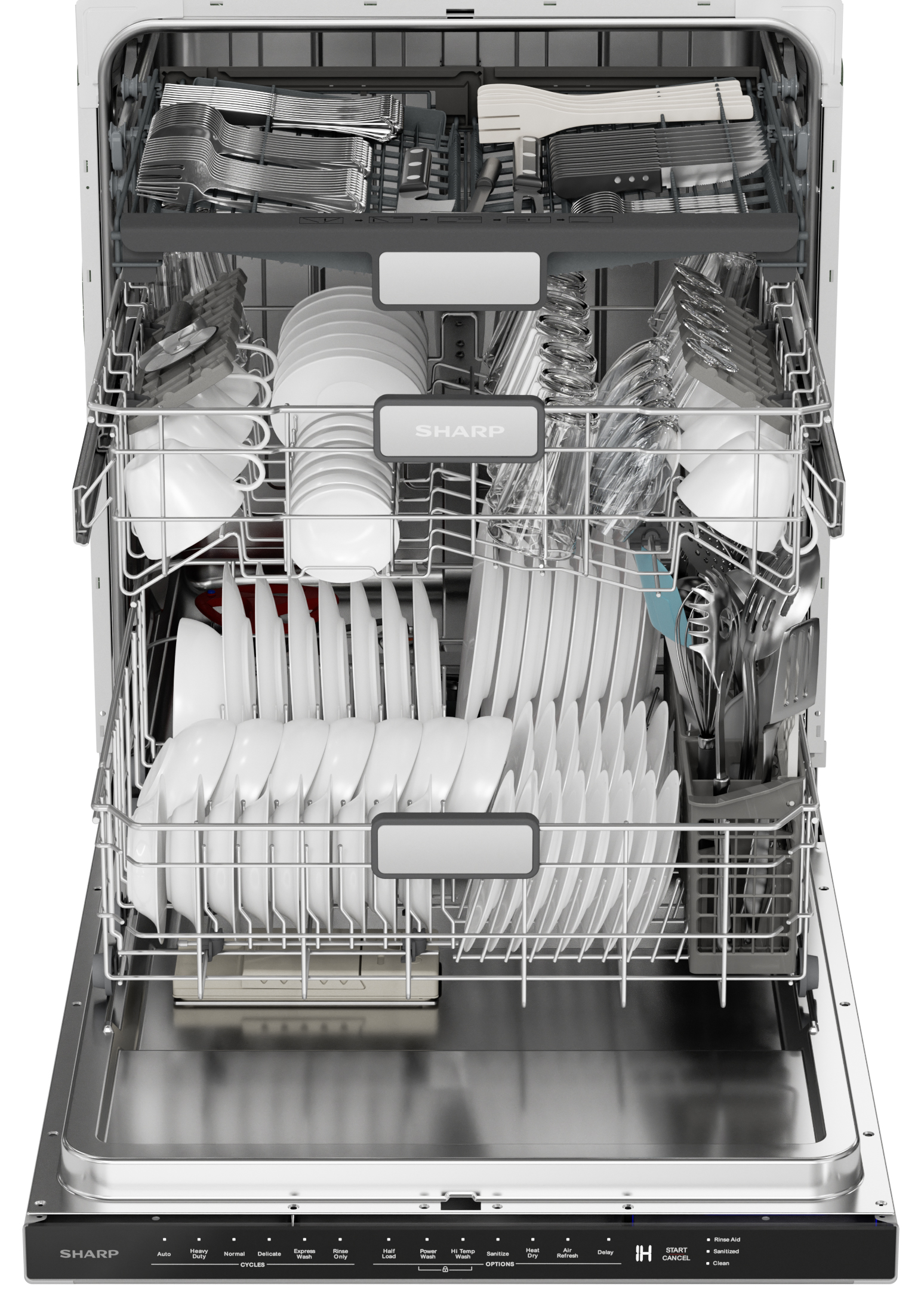 Sharp 24 in. Stainless Steel Dishwasher (SDW6757ES) – head-on view with door open and racks extended filled with dishes