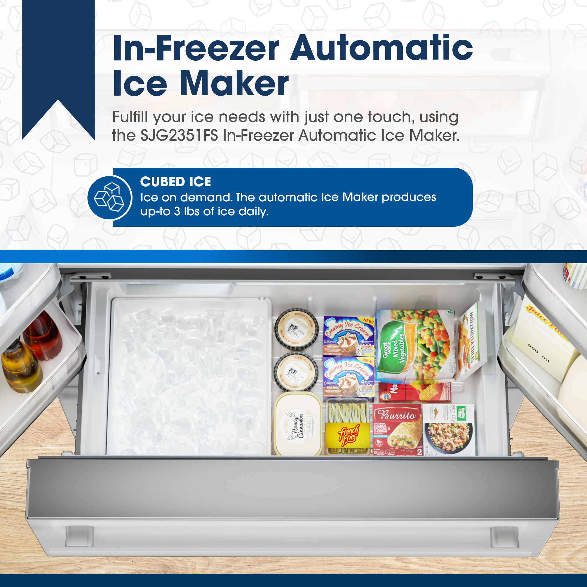 French 4-Door Counter-Depth Refrigerator (SJG2351FS) Automatic Ice Maker Infographic