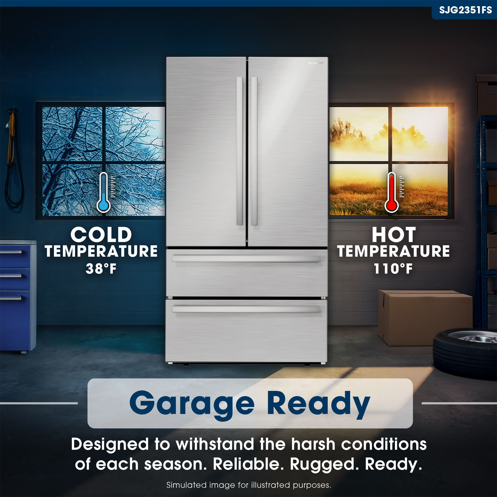 French 4-Door Counter-Depth Refrigerator (SJG2351FS) Garage Ready Infographic