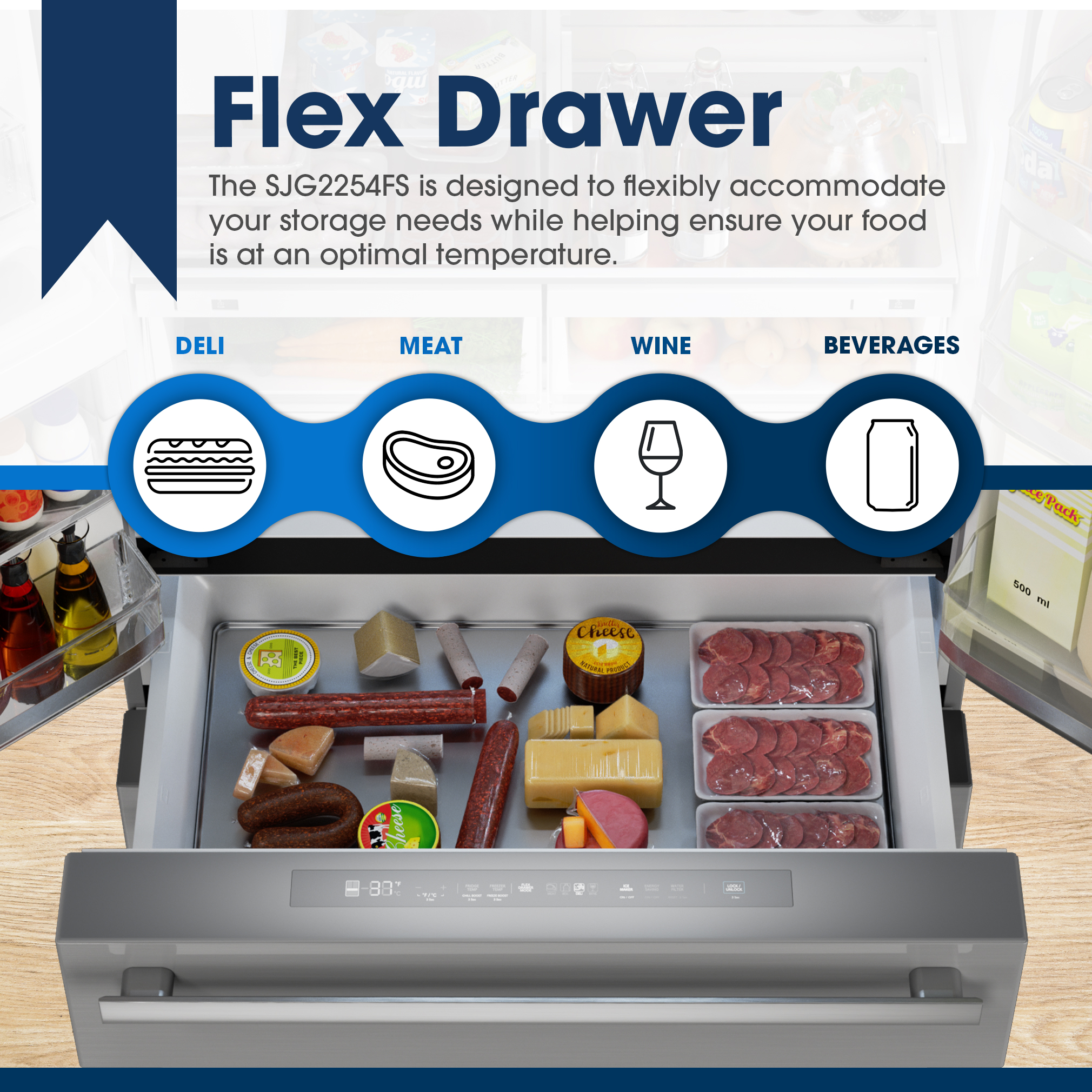French 4-Door Counter-Depth Refrigerator with Water Dispenser (SJG2254FS) Flex Drawer Infographic