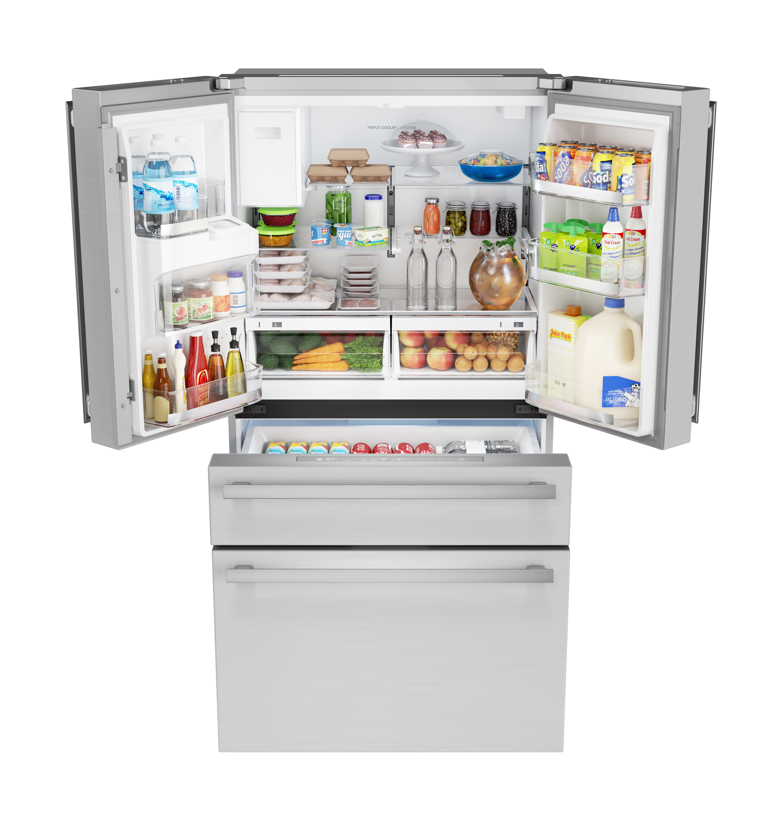 French 4-Door Counter-Depth Refrigerator with Water Dispenser (SJG2254FS) Head On Opened-Filled Top