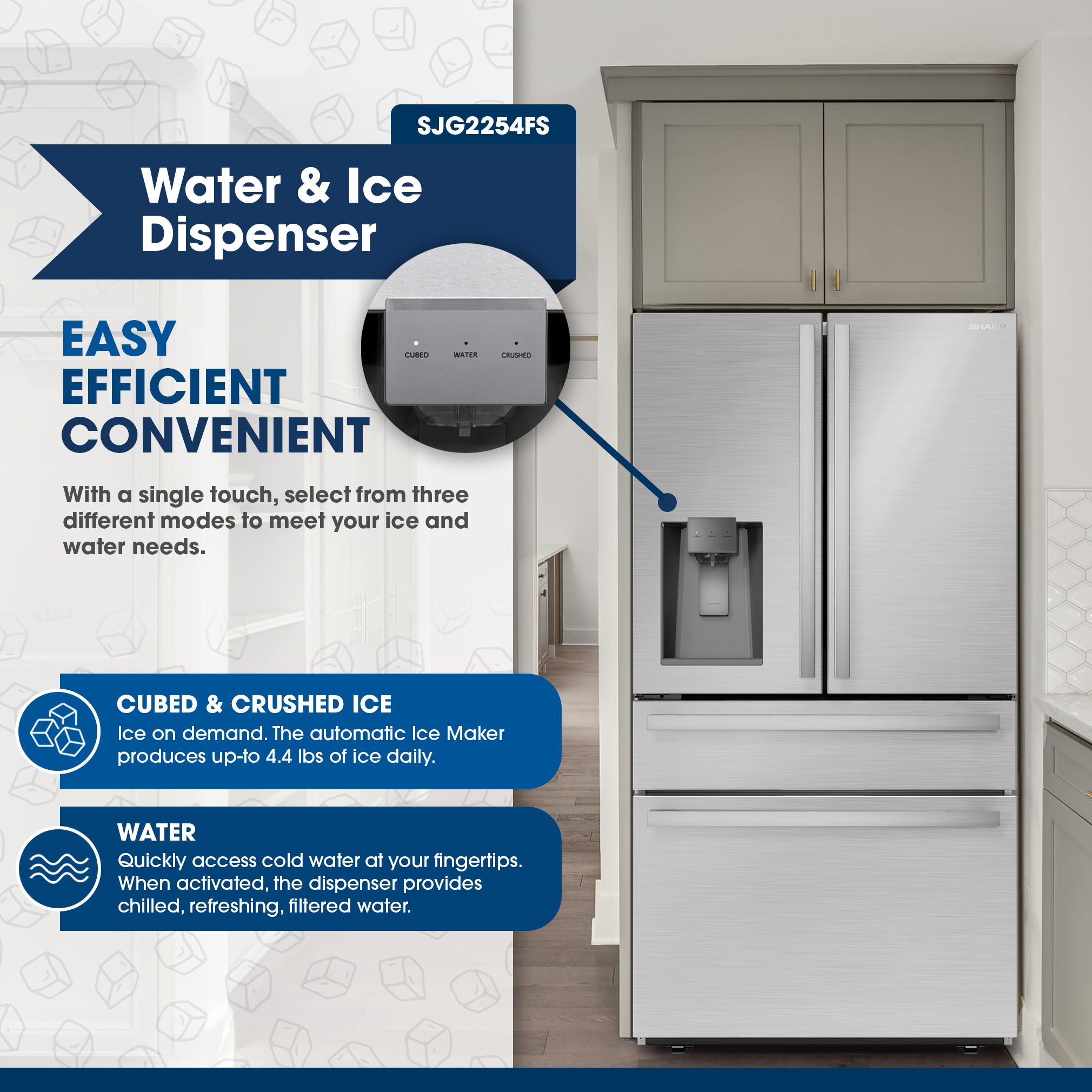 French 4-Door Counter-Depth Refrigerator with Water Dispenser (SJG2254FS) Water and Ice Dispenser Infographic