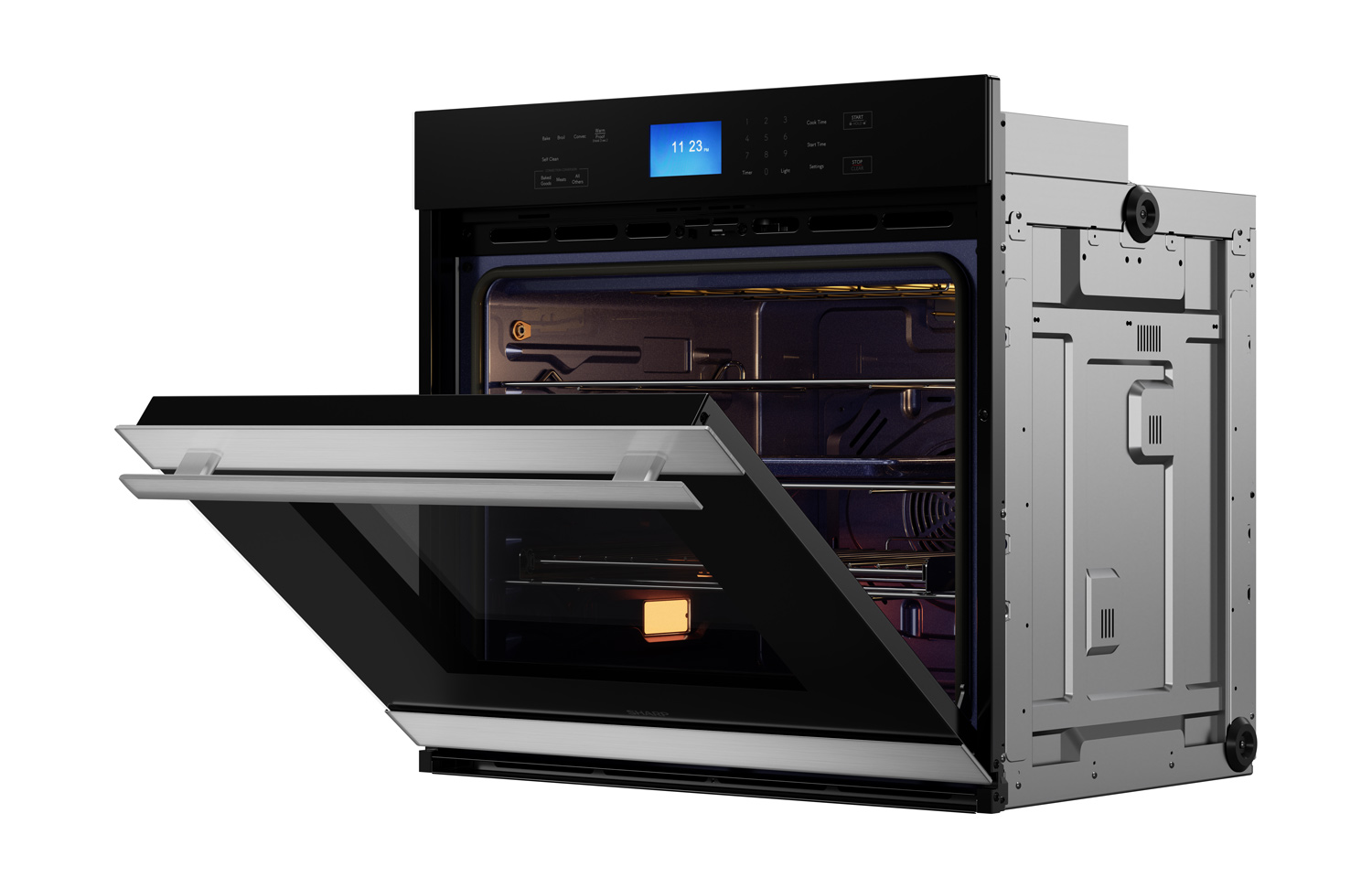 Stainless Steel European Convection Built-In Single Wall Oven (SWA3062GS) Left Angle View, Open