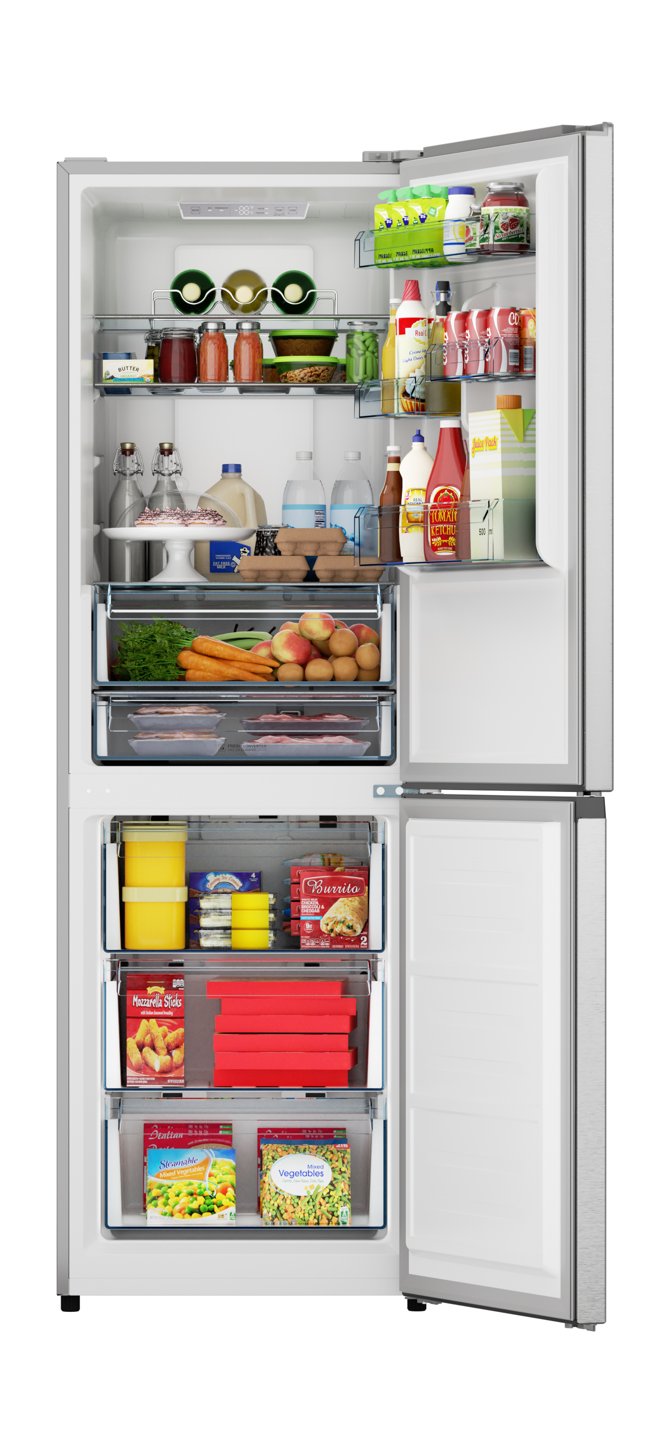 Bottom-Freezer Counter-Depth Refrigerator (SJB1255GS) Head On Opened-Filled Top