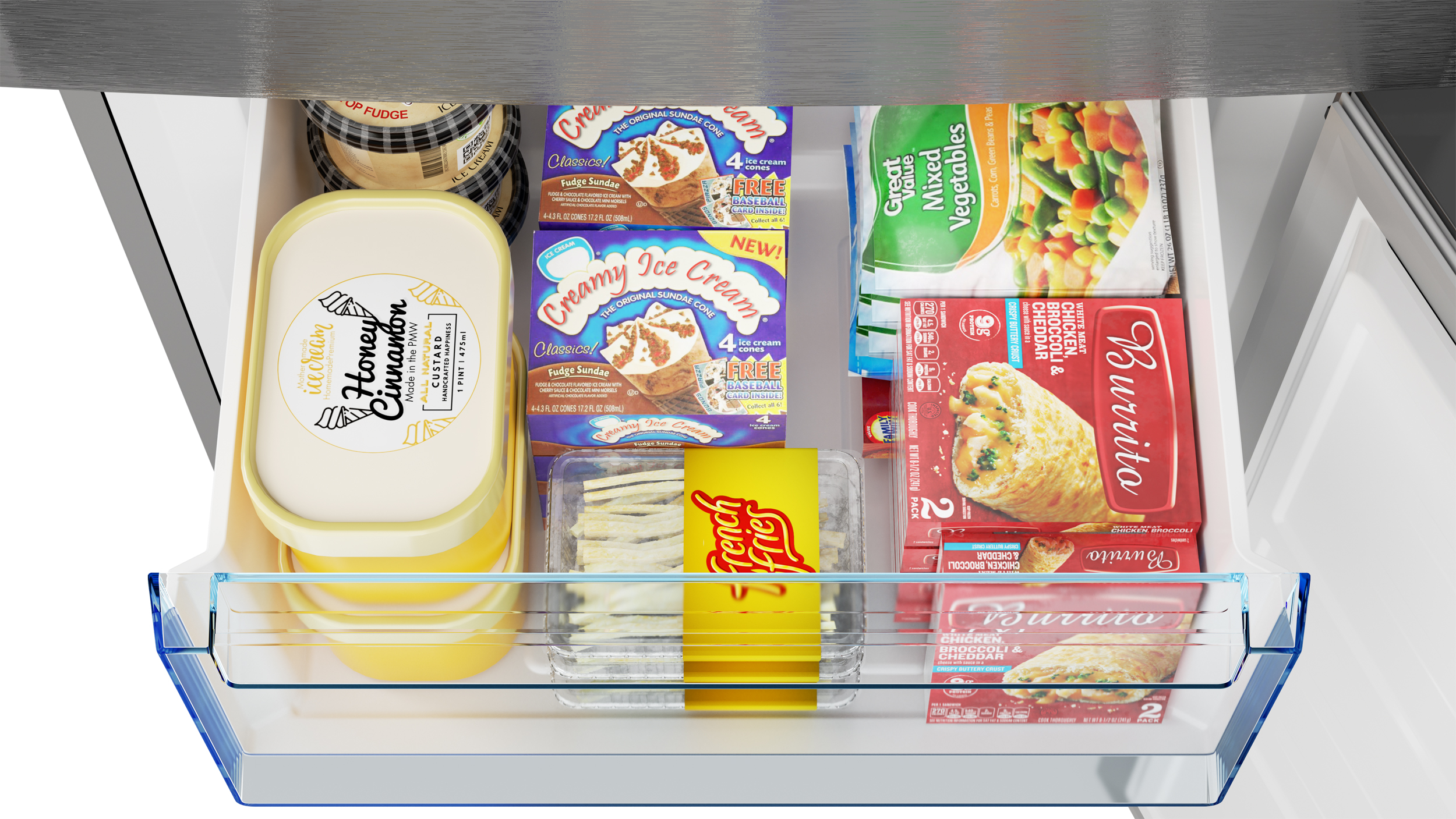 Bottom-Freezer Counter-Depth Refrigerator (SJB1255GS) Freezer Drawer Opened-Filled