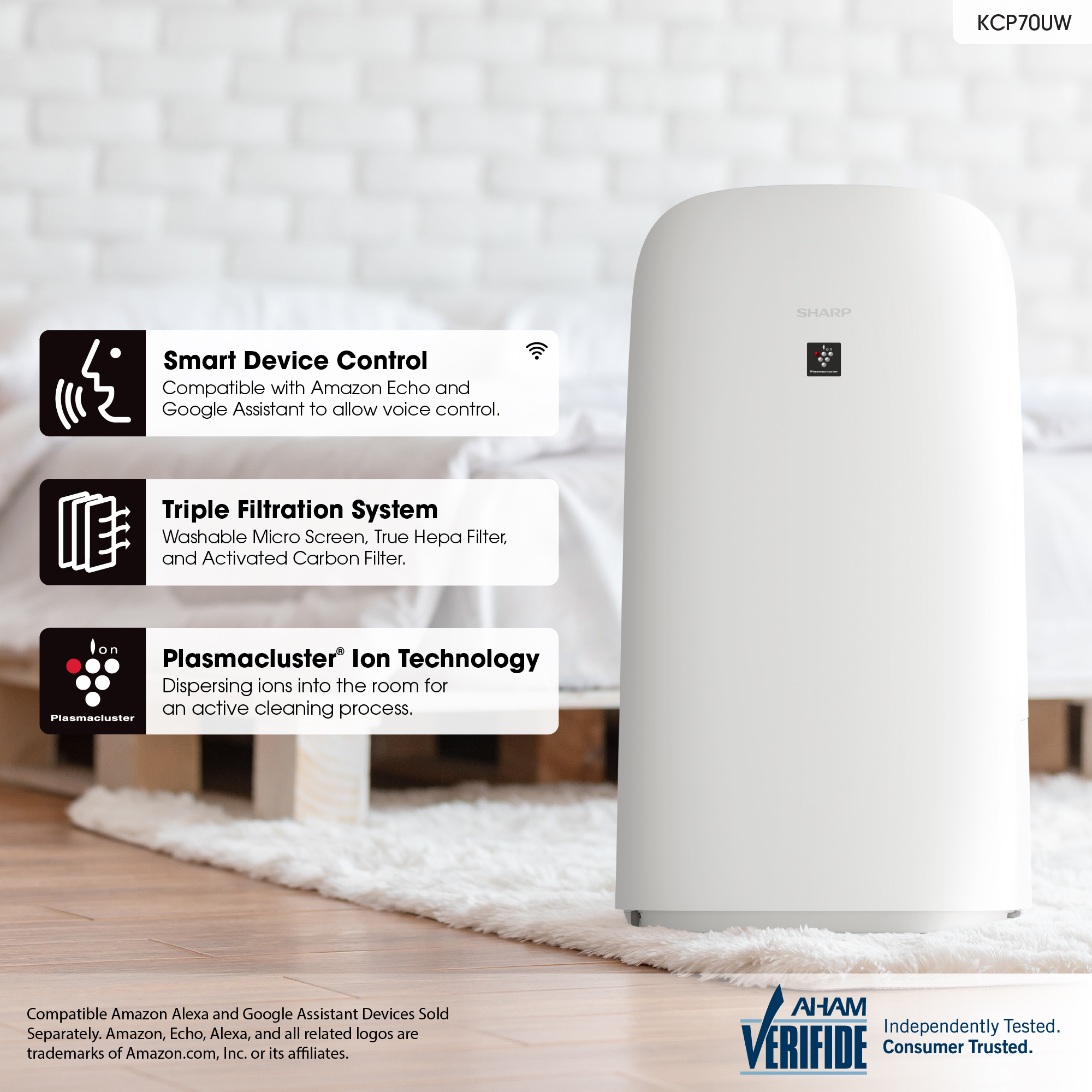 Smart Device Control Compatible with Amazon Echo and Google Assistant to allow voice control.
Triple Filtration System
Washable Micro Screen, True Hepa Filter, and Activated Carbon Filter.
Plasmacluster® Ion Technology
Dispersing ions into the room for an active cleaning process.
Compatible Amazon Alexa and Google Assistant Devices Sold Separately. Amazon, Echo, Alexa, and all related logos are trademarks of Amazon.com, Inc. or its affiliates.
AHAM VERIFIDE
Independently Tested. Consumer Trusted.
KCP70UW