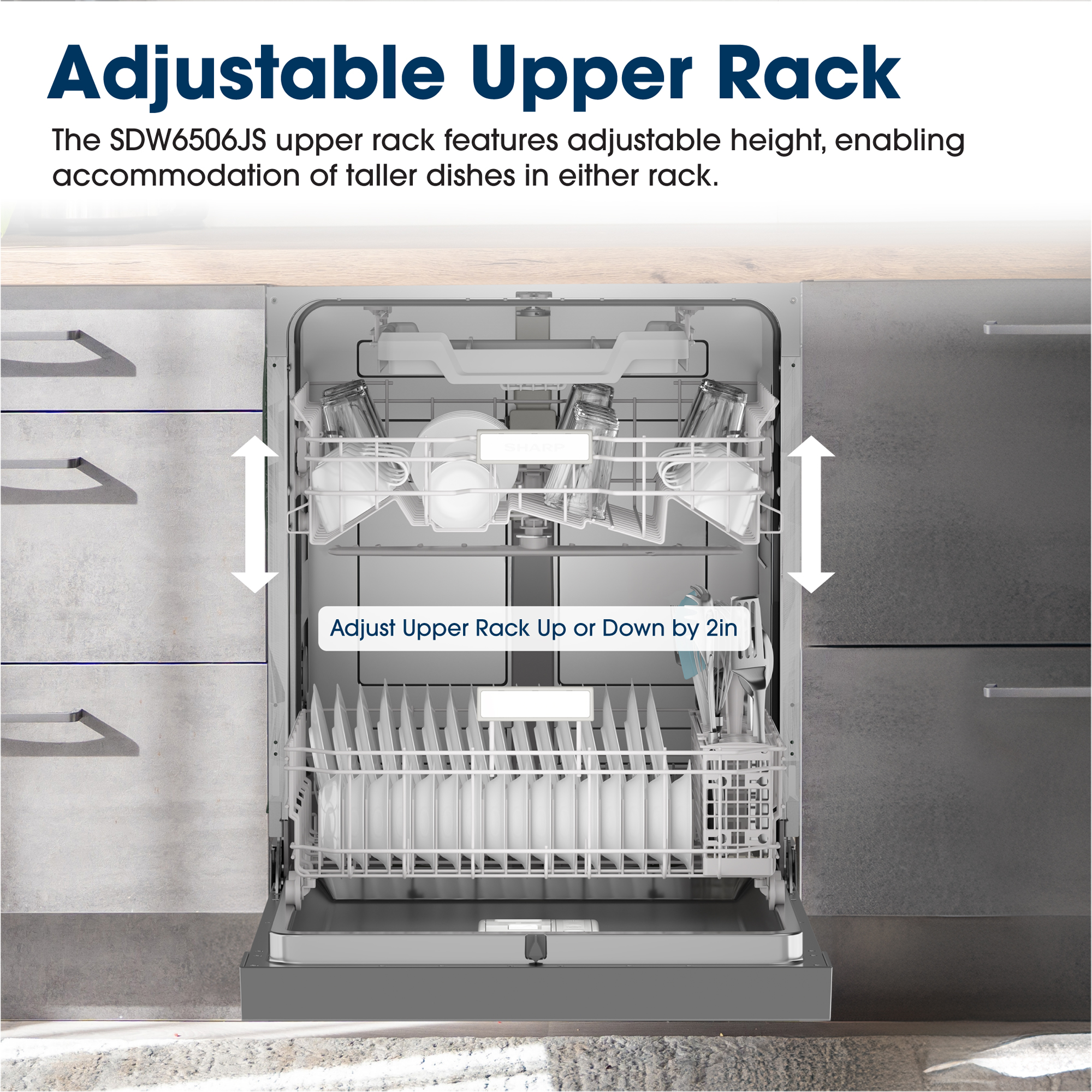 Adjustable Upper Rack
The SDW6747GS upper rack features adjustable height, enabling accommodation of taller dishes in either rack.