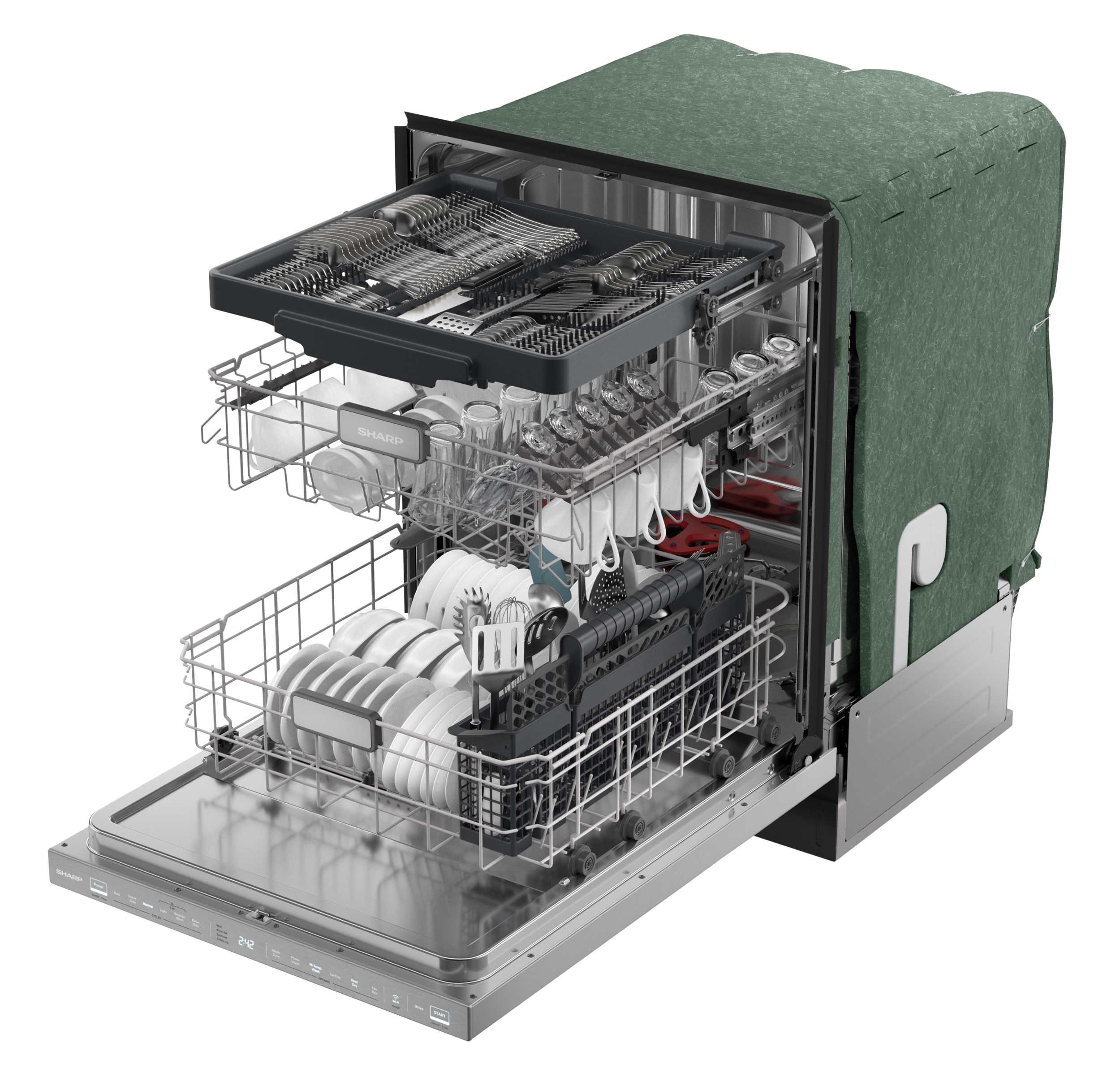 Sharp 24 in. Slide-In Smart Dishwasher (SDW6888JS) open side view
