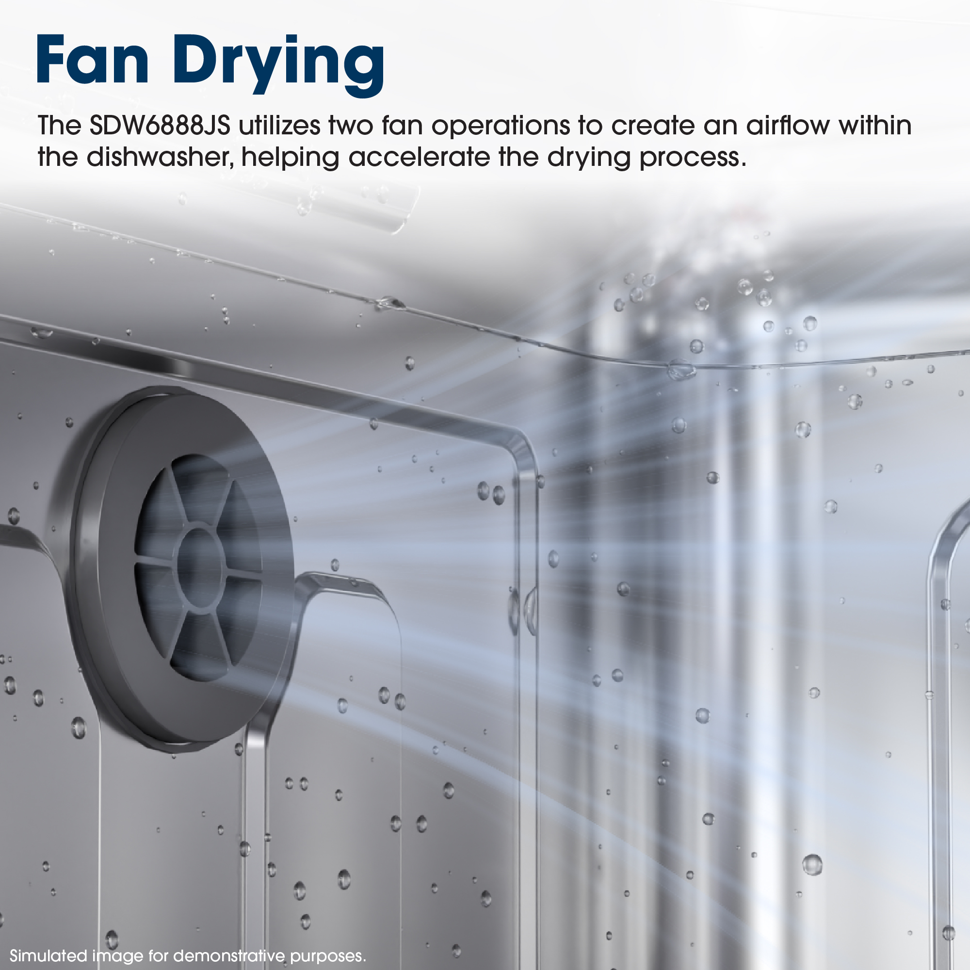 Fan Drying
The SDW6888JS utilizes two fan operations to create an airflow within the 
dishwasher, helping accelerate the drying process.
Simulated image for demonstrative purposes.