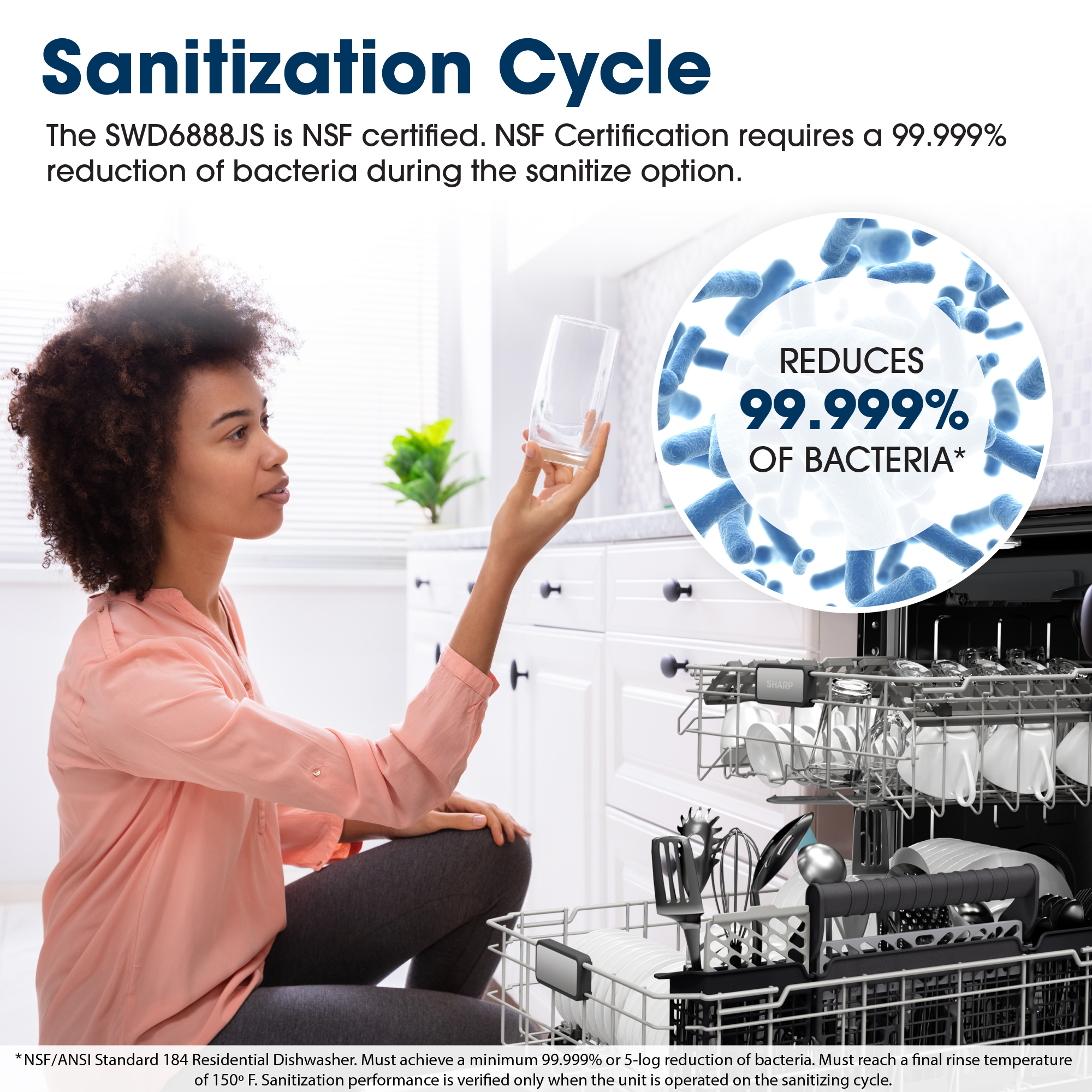 Sanitization Cycle
The SWD6888JS is NSF certified. NSF Certification requires a 99.999% reduction 
of bacteria during the sanitize option.
REDUCES
99.999%
OF BACTERIA*
*NSF/ANSI Standard 184 Residential Dishwasher. Must achieve a minimum 
99.999% or 5-log reduction of bacteria. Must reach a final rinse temperature of 
150° F. Sanitization performance is verified only when the unit is operated on the 
sanitizing cycle