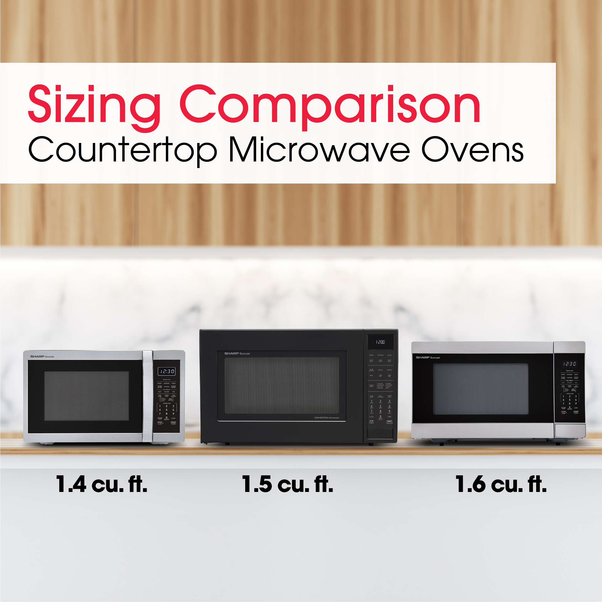 Sharp 1.4 cu. ft. Carousel Countertop Microwave (SMC1450KS) size comparison infographic
