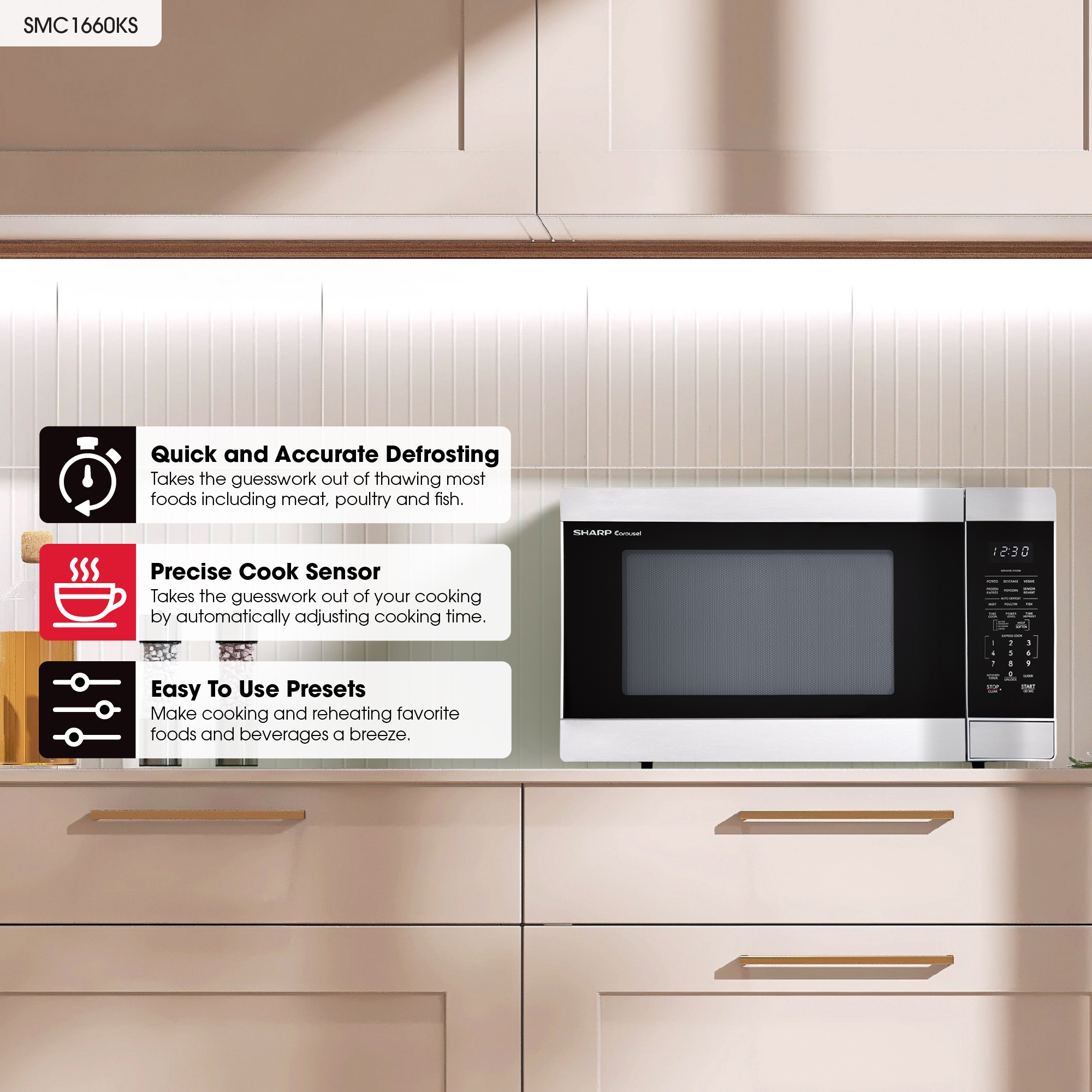 Sharp 1.6 cu. ft. Carousel Countertop Microwave Oven (SMC1660KS) infographic