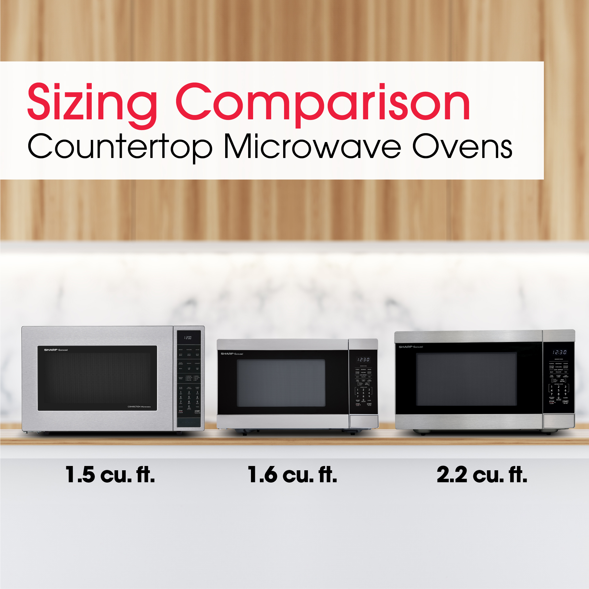 Sharp 2.2 cu. ft. Carousel Countertop Microwave Oven (SMC2265KS) size comparison infographic