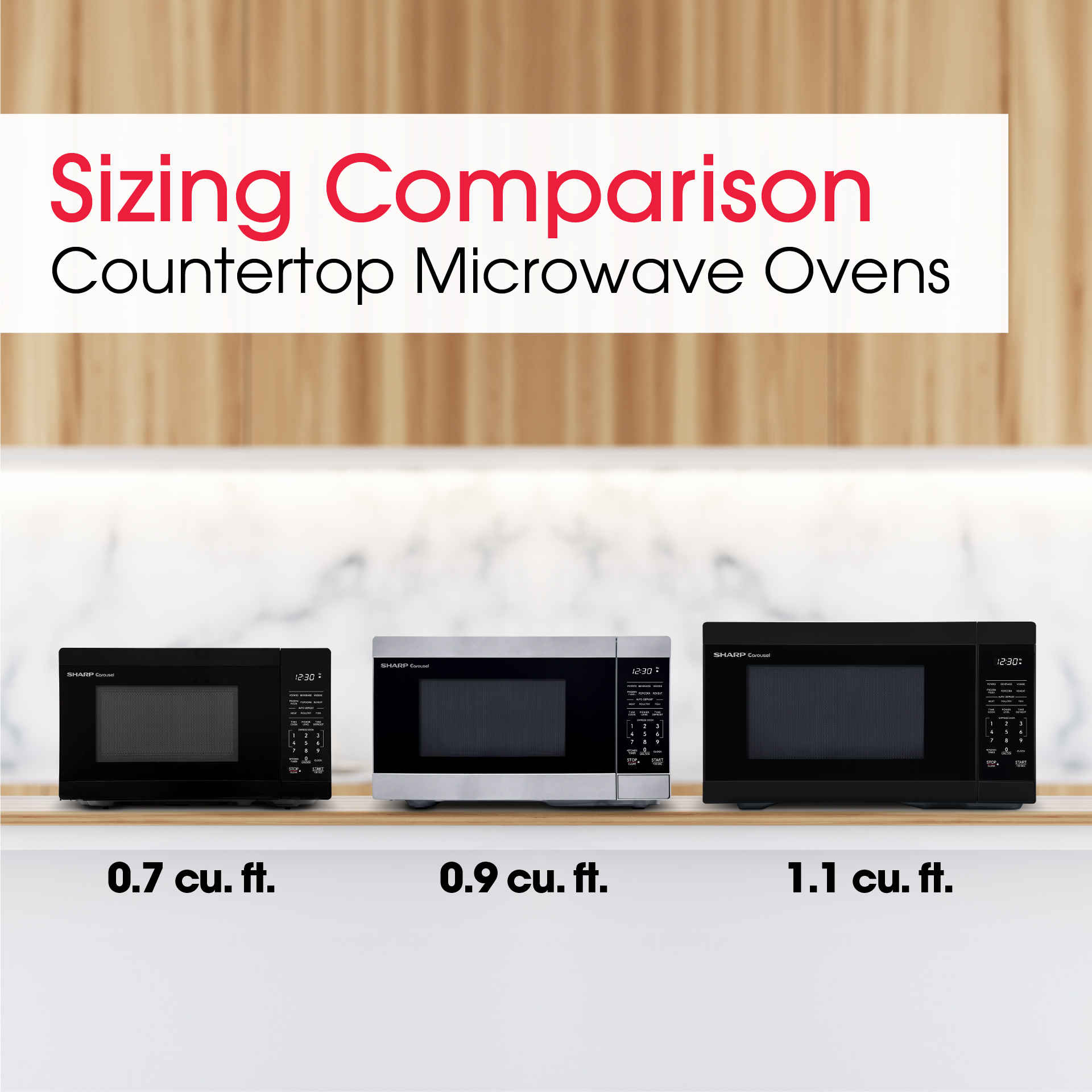 0.7 cu. ft. 700W Black Carousel Countertop Microwave Oven (SMC0760KB) size comparison infographic