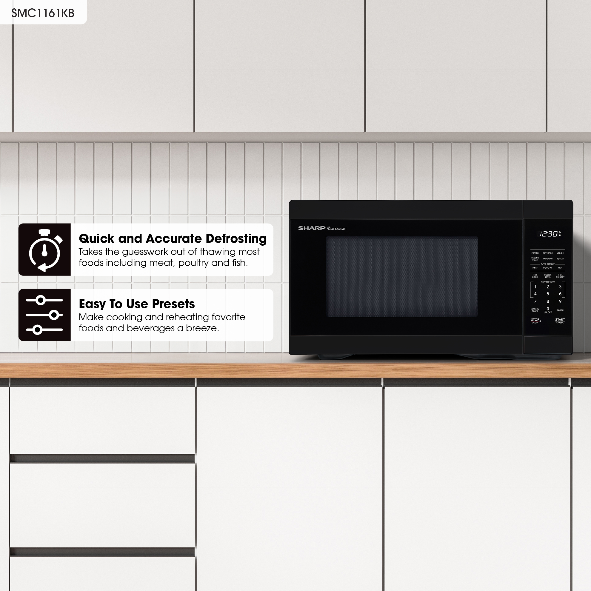 1.1 cu. ft. Black Carousel Countertop Microwave Oven (SMC1161KB) infographic