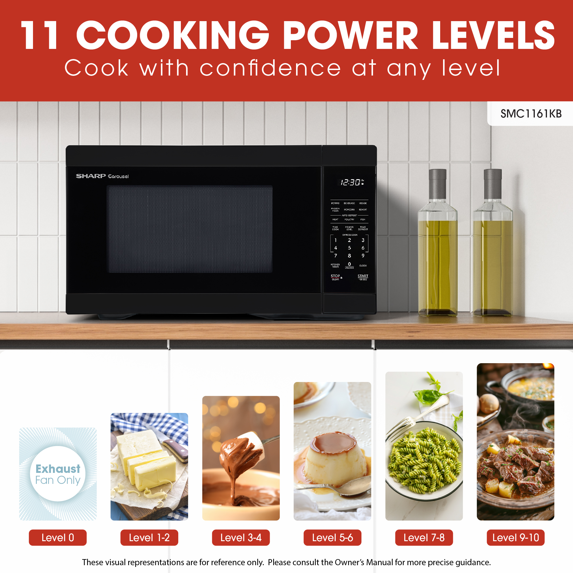 1.1 cu. ft. Black Carousel Countertop Microwave Oven (SMC1161KB) cooking power levels infographic