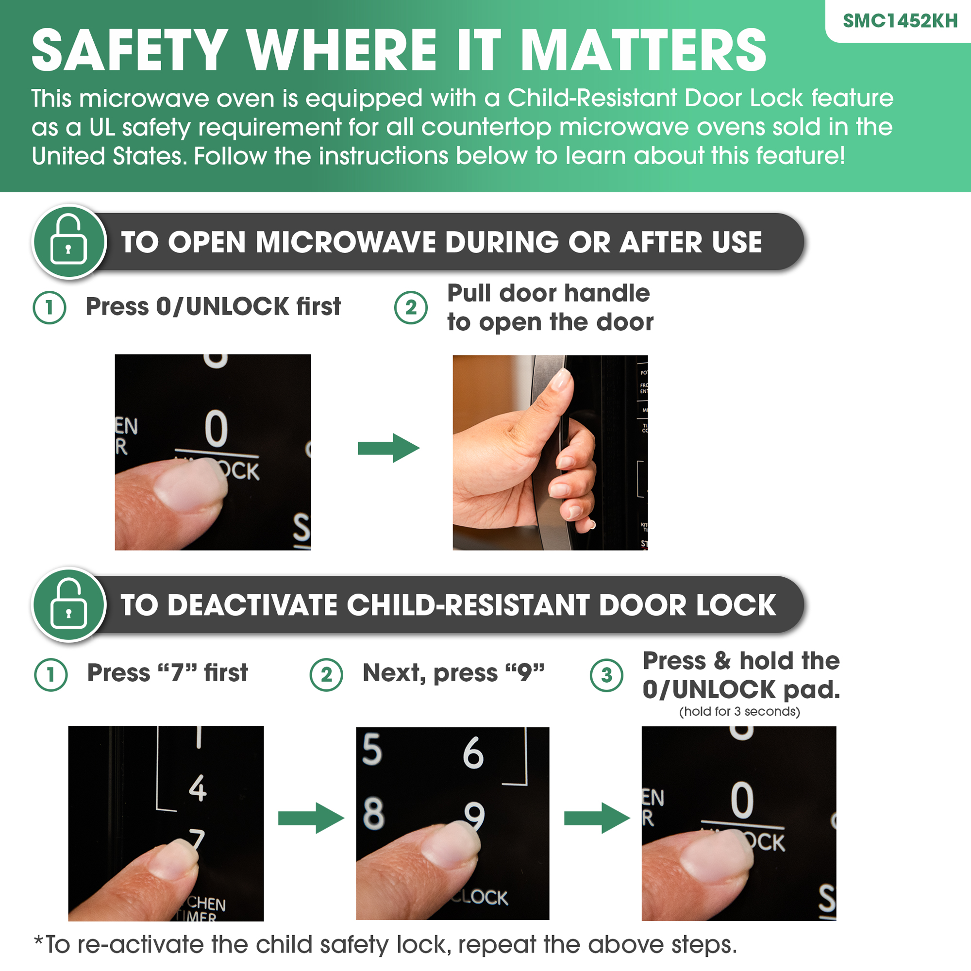1.4 cu. ft. Black Stainless Steel Carousel Countertop Microwave (SMC1452KH) child-resistant door lock infographic