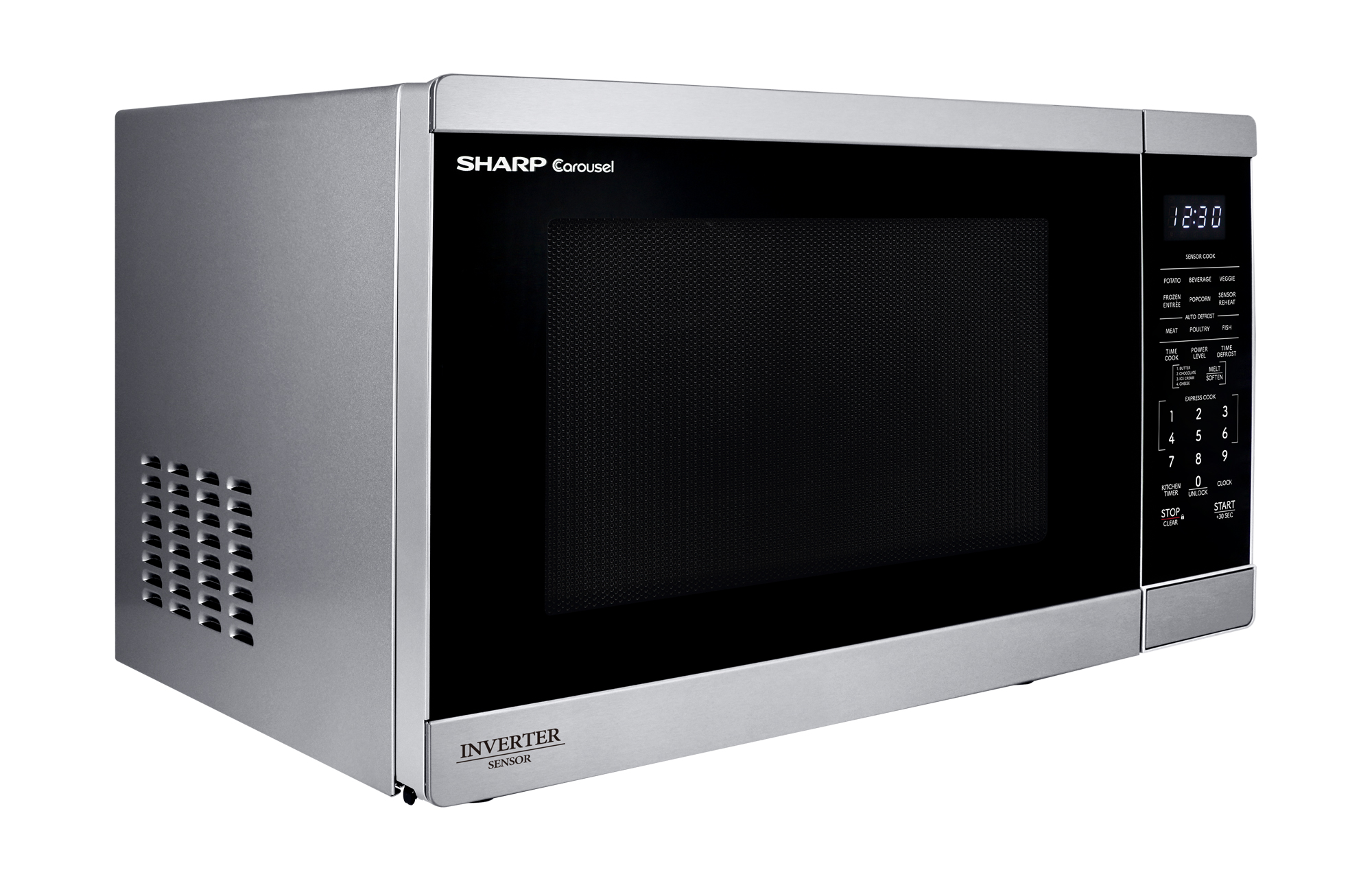 Sharp 1.4 cu. ft. 1100W Stainless Steel Countertop Microwave Oven with Inverter Technology (SMC1465KM) right angle