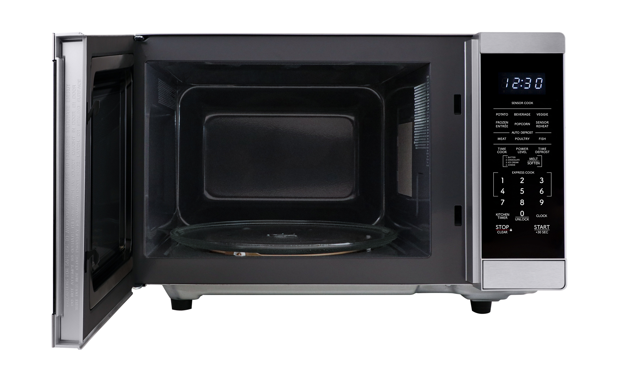 Sharp 1.4 cu. ft. 1100W Stainless Steel Countertop Microwave Oven with Inverter Technology (SMC1465KM) open door
