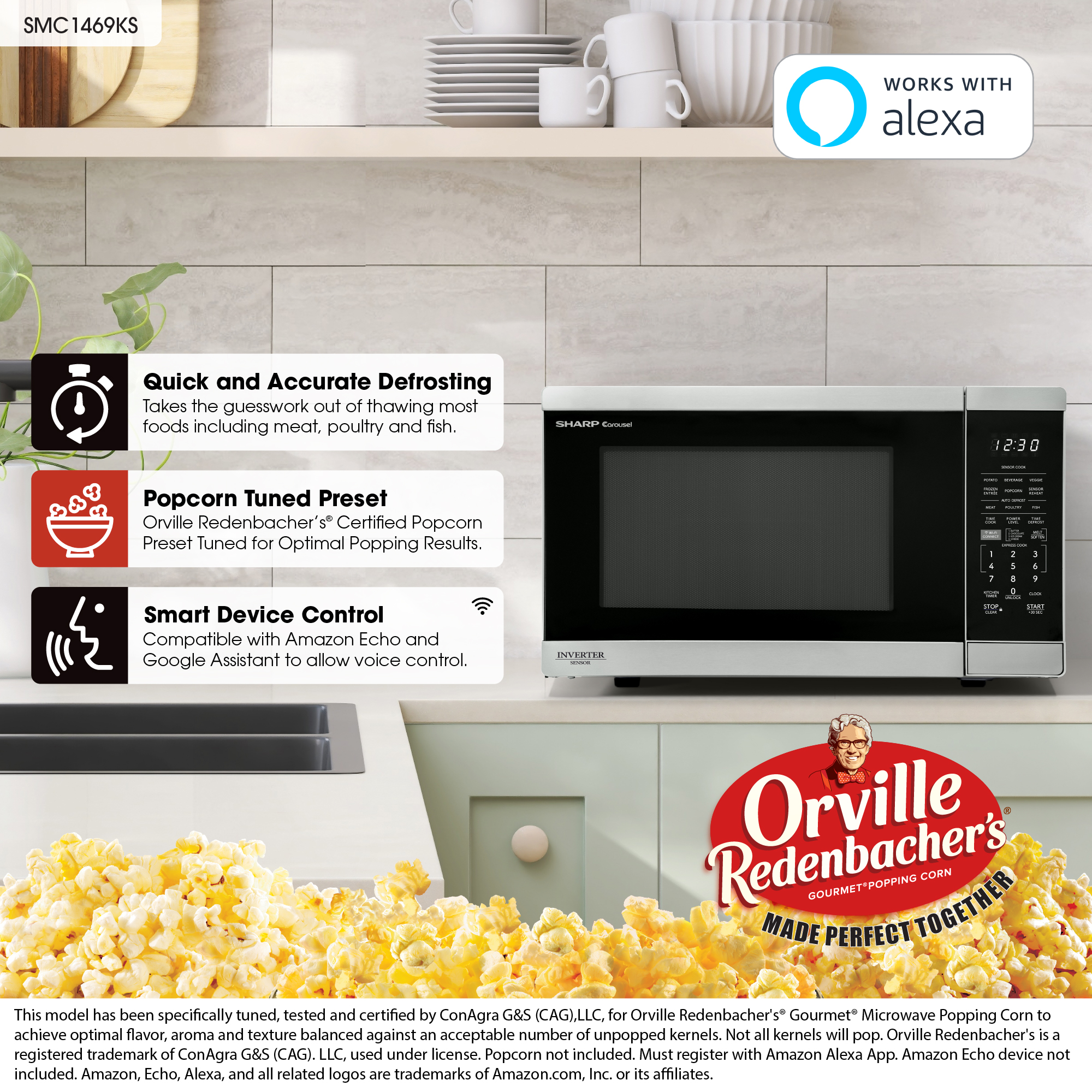 Sharp 1.4 cu. ft. 1100W Smart Microwave Oven with Inverter Technology (SMC1469KS) infographic cobranded