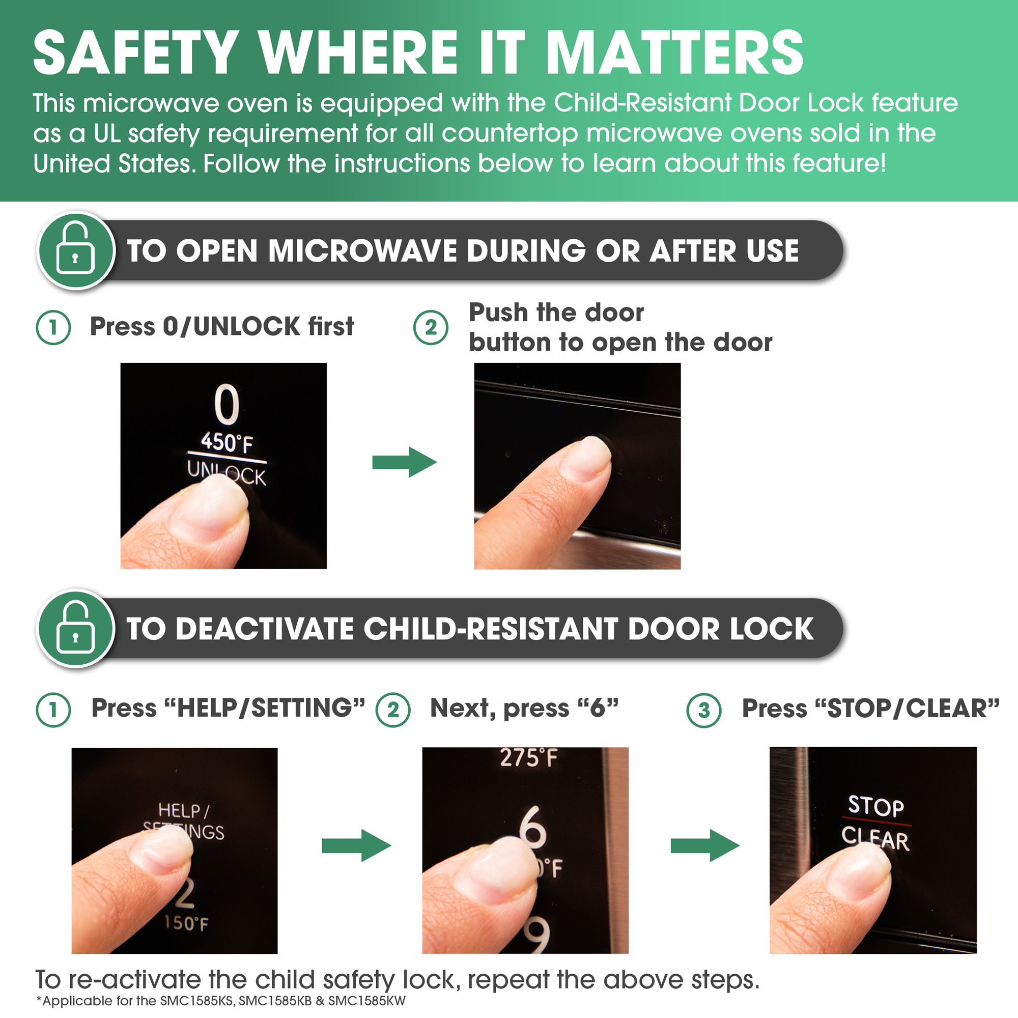 Sharp 1.5 cu. ft. 900W Black Countertop Microwave Oven (SMC1585KB) child-resistant door lock infographic