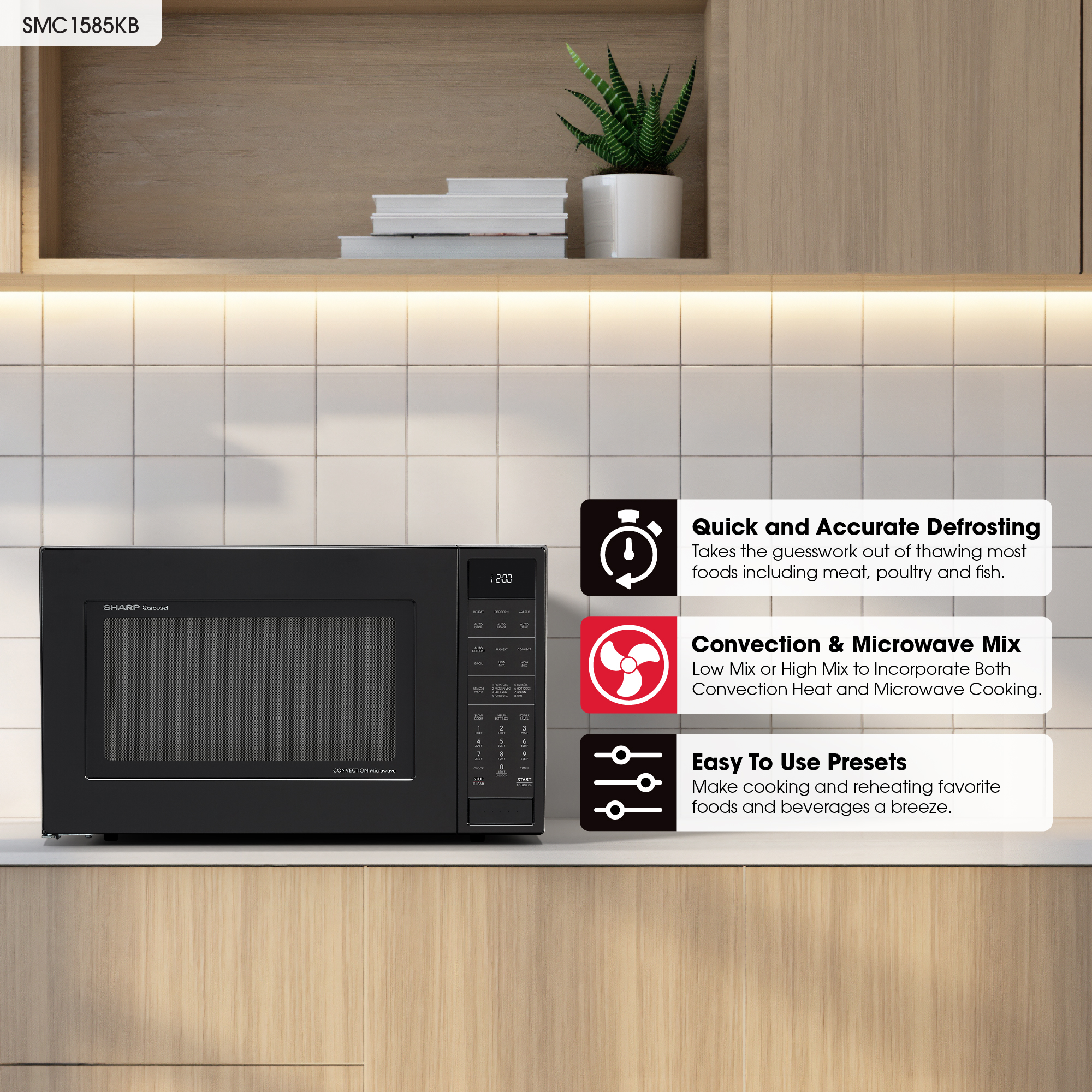 Sharp 1.5 cu. ft. 900W Black Countertop Microwave Oven (SMC1585KB) infographic