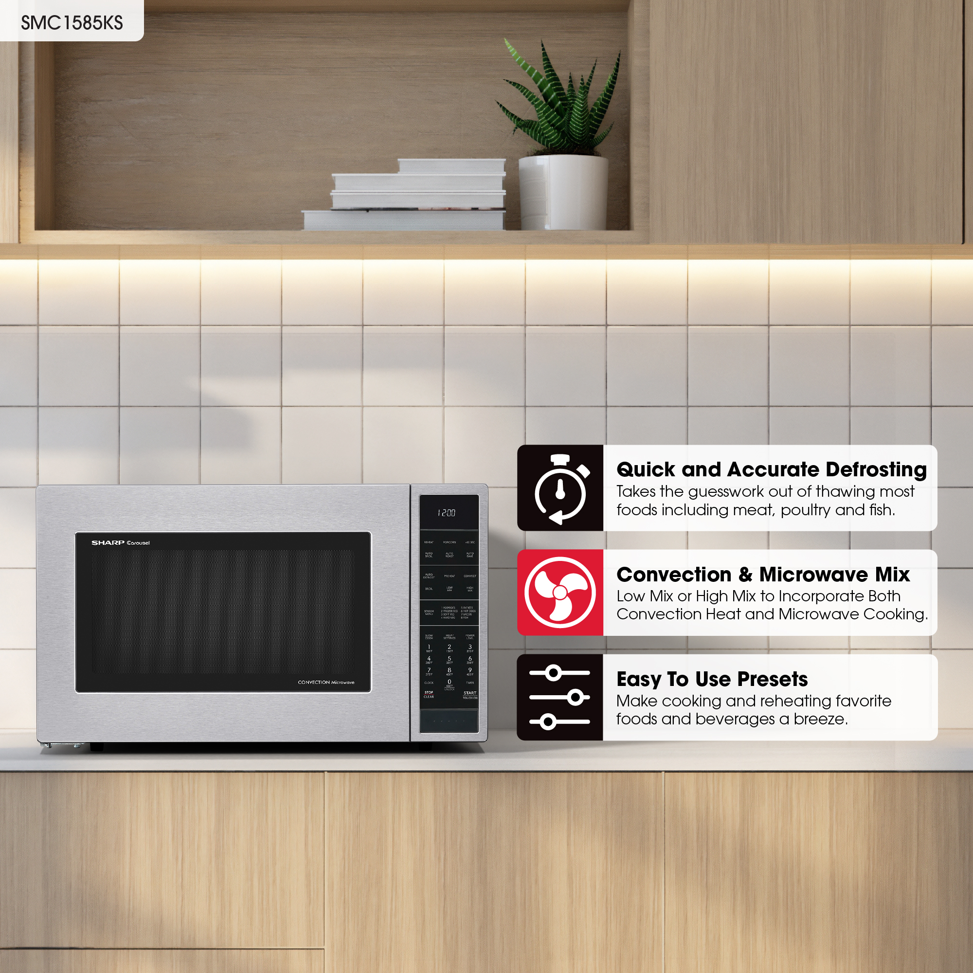 Sharp 1.5 cu. ft. 900W Stainless Steel Countertop Microwave Oven (SMC1585KS) infographic