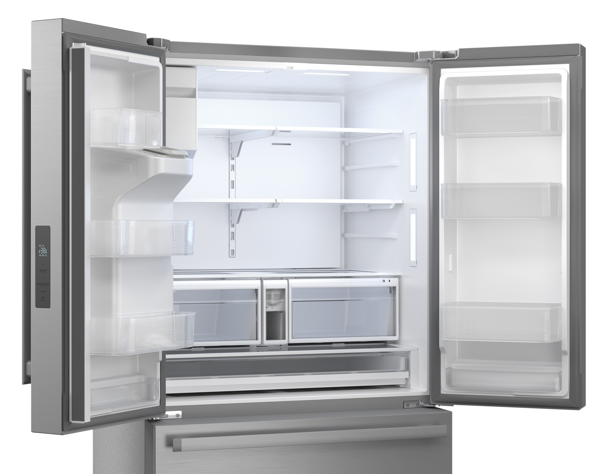 Sharp French 3-Door Refrigerator with Water Dispenser (SJF2955KS) right angle open