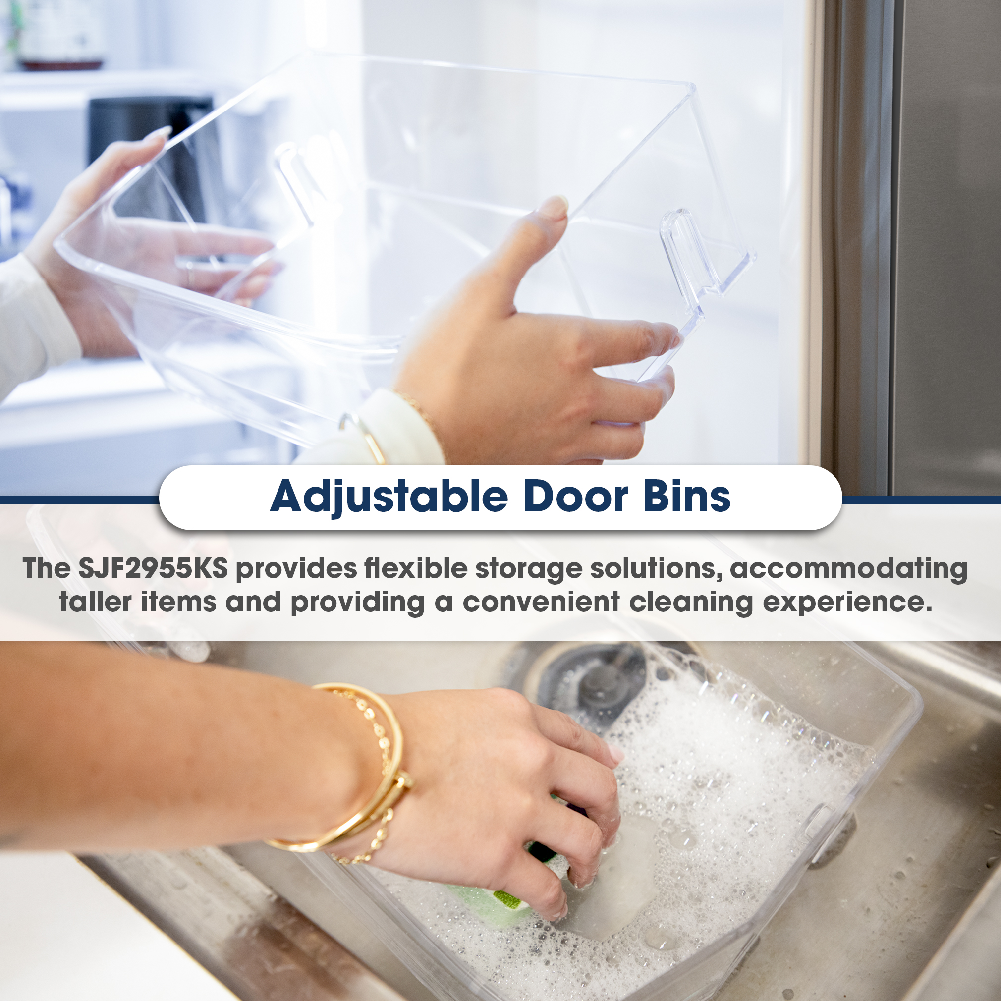 Sharp French 3-Door Refrigerator with Water Dispenser (SJF2955KS) - Adjustable Door Bins
The SJF2955KS provides flexible storage solutions, accommodating taller items and providing a convenient cleaning experience.