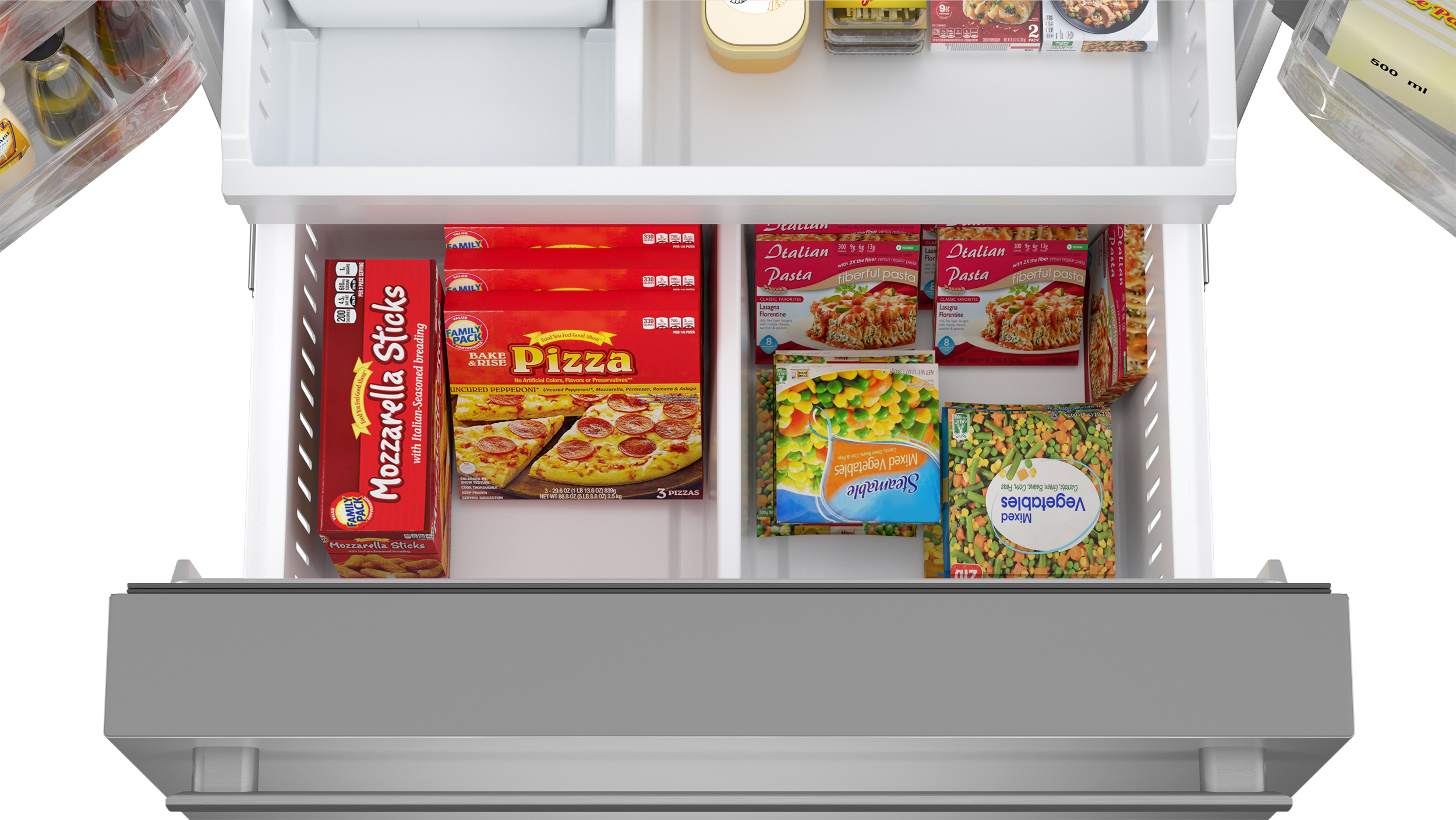 Sharp French 3-Door Refrigerator with Water Dispenser (SJF2955KS) freezer open with food